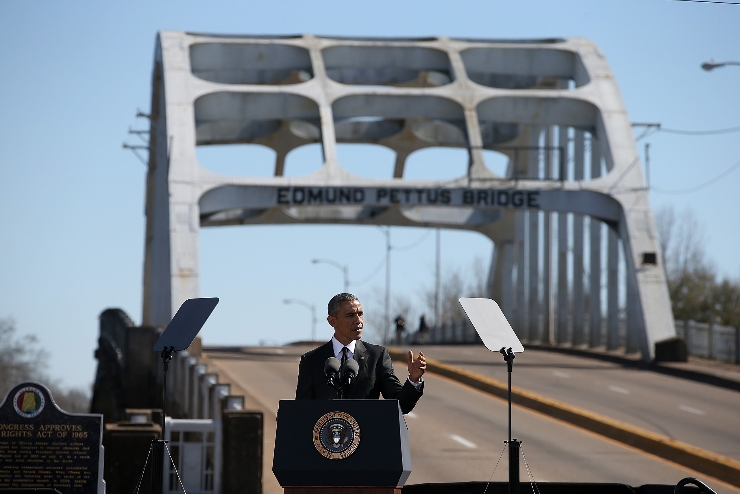 President Barack Obama speaks in front of the Edmund Pettus Bridge in Selma, Ala. on March 7, 2015.