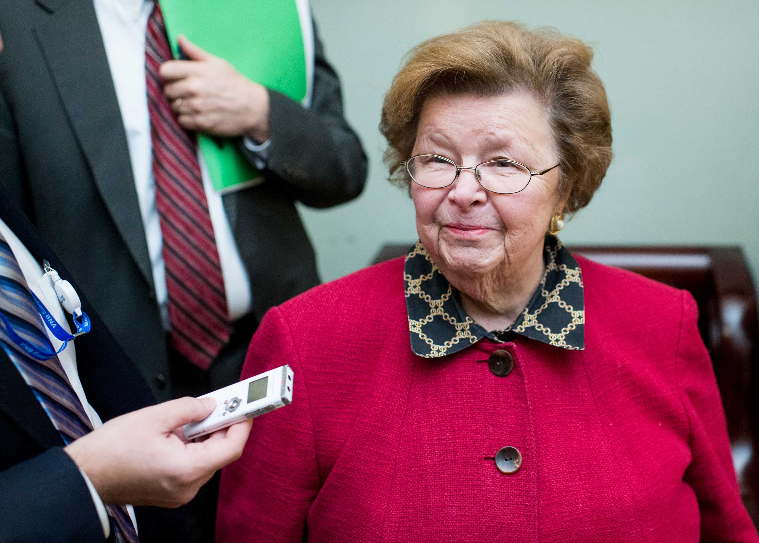 Senator Barbara Mikulsk (D., Md.) speaks with reporters as she arrives for the Senate Democrats' policy lunch on Dec. 9, 2014, in Washington, D.C. (Bill Clark—AP)