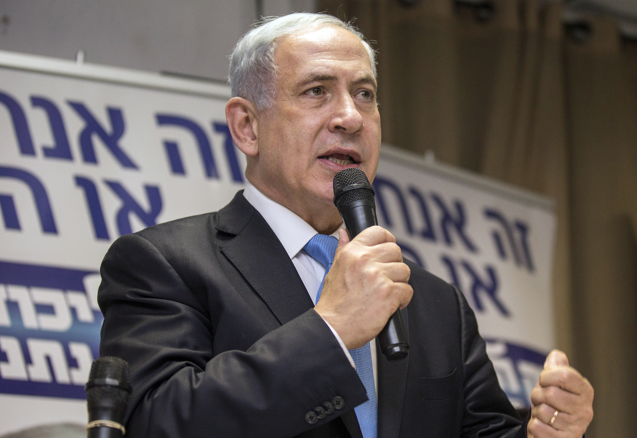 Israeli Prime Minister Benjamin Netanyahu delivers a speech during a campaign meeting with members of Israel's French-Jewish community on March 10, 2015, in Netanya, Israel (Jack Guez—AFP/Getty Images)