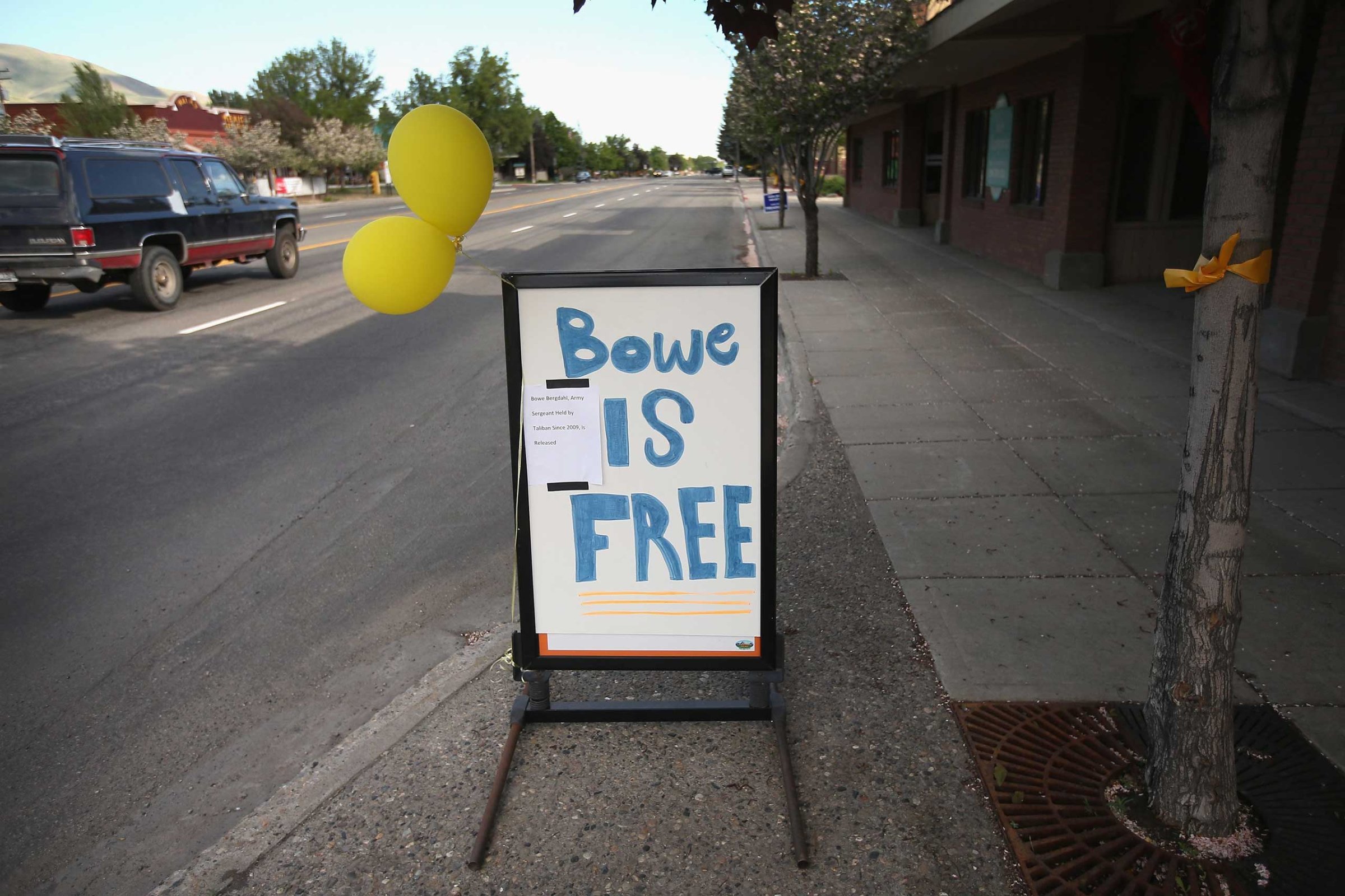 A sign announcing the release of Sgt. Bowe Bergdahl on Main Street on June 1, 2014 in Hailey, Idaho.
