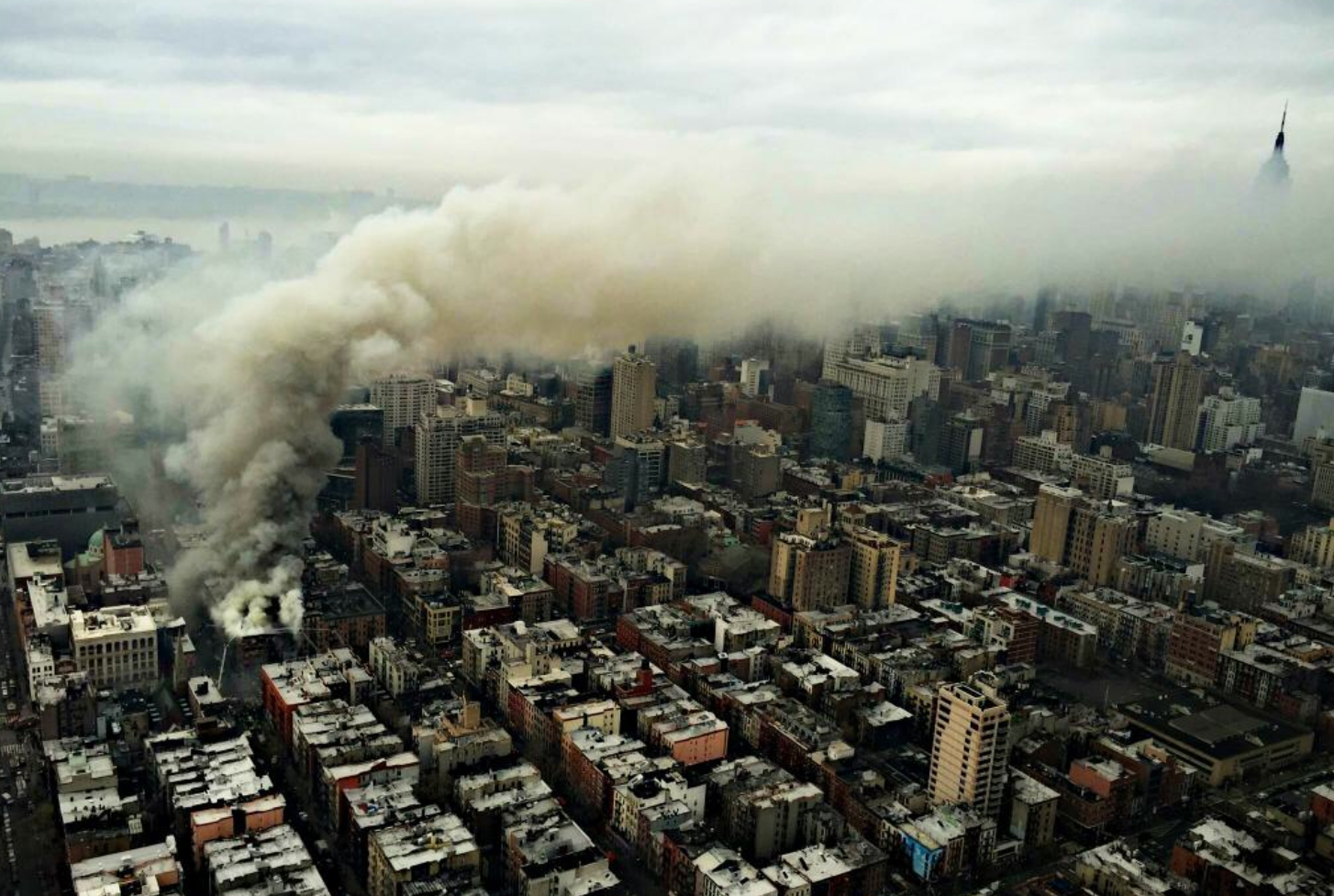 A building fire is seen from overhead in the East Village of New York City on March 26, 2015.