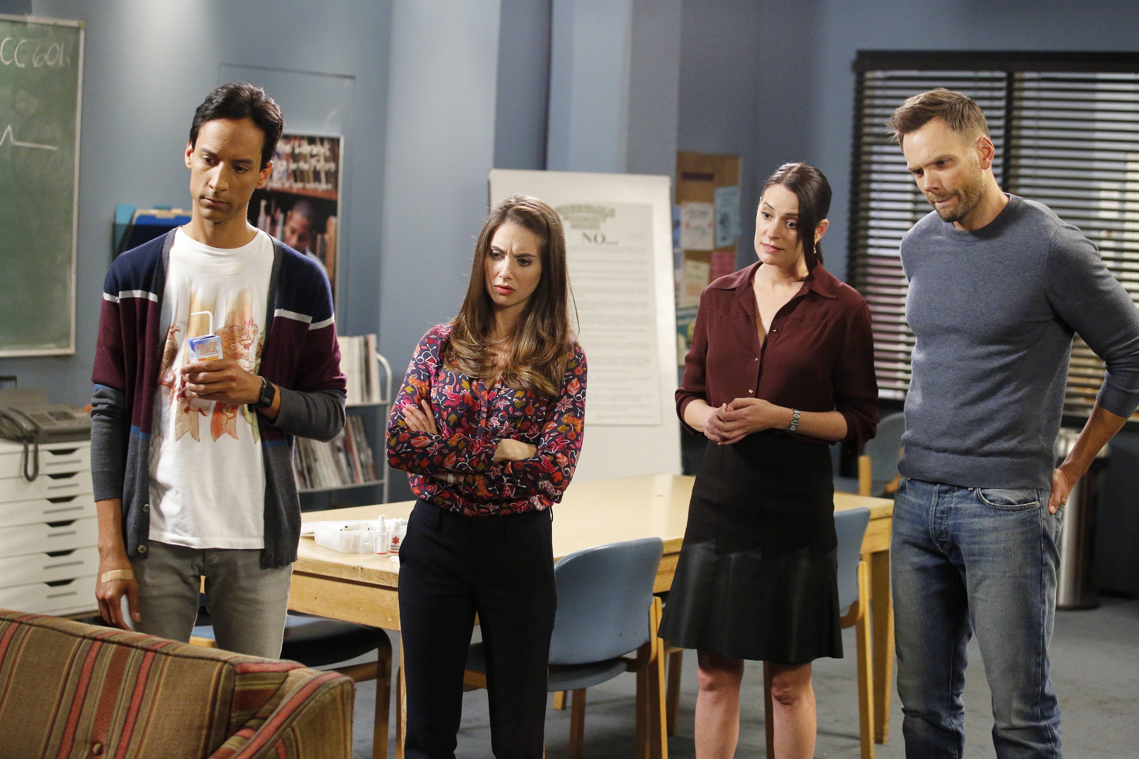 Pudi, Alison Brie, Brewster and McHale in the new season of Community (Trae Patton/Yahoo/Sony)