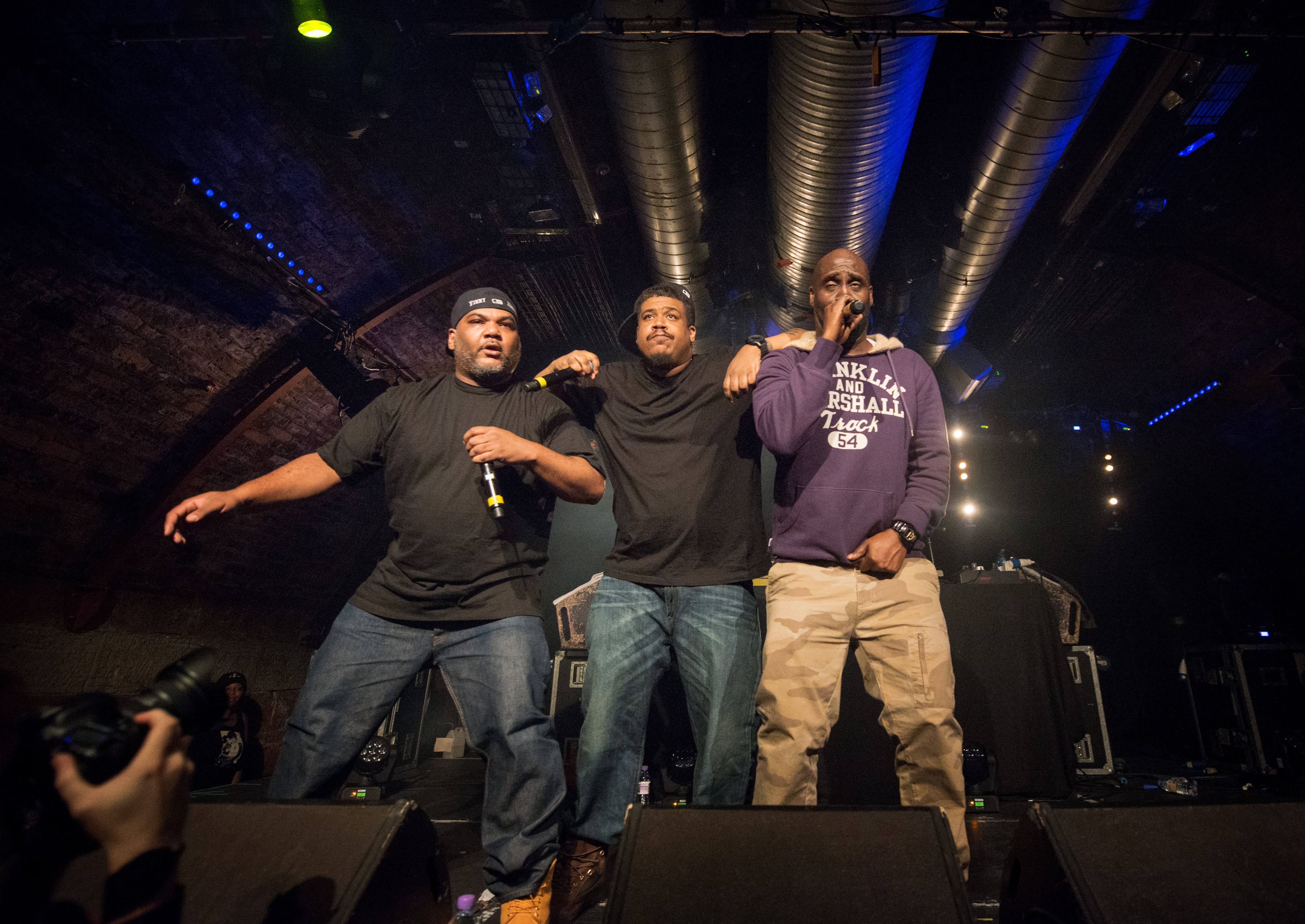 (L-R) Maseo, Trugoy and Posdnuos of De La Soul perform on stage at The Arches in Glasgow, United Kingdom, on May 3, 2014.
