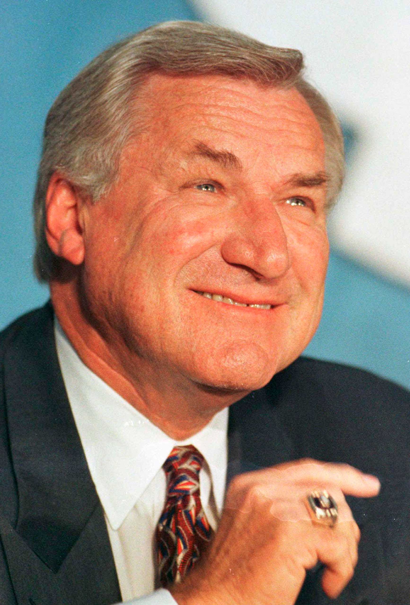 North Carolina basketball coach Dean Smith during a news conference where he announced his retirement, in Chapel Hill, N.C. on Oct. 9, 1997.