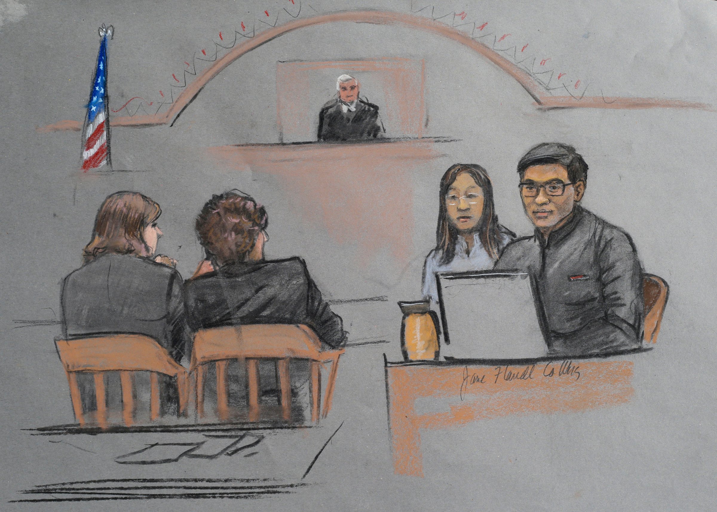 In this courtroom sketch, Dun Meng, far right, testifies with a translator at his side during the federal death penalty trial of Boston Marathon bombing suspect Dzhokhar Tsarnaev in Boston on March 12, 2015.
