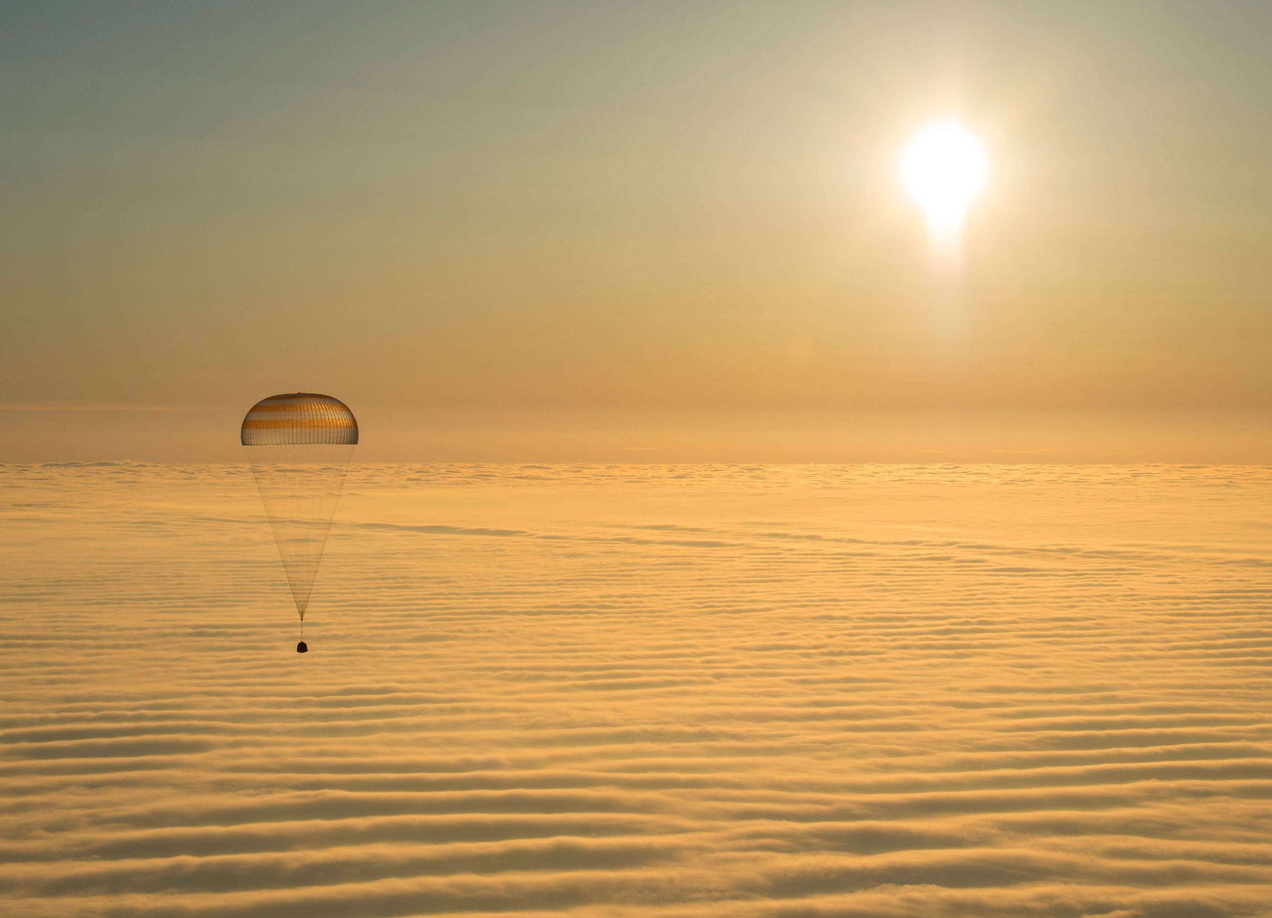 The Soyuz TMA-14M spacecraft as it lands with Expedition 42 commander Barry Wilmore of NASA, Alexander Samokutyaev of the Russian Federal Space Agency (Roscosmos) and Elena Serova of Roscosmos near the town of Zhezkazgan, Kazakhstan on March 12, 2015. (Bill Ingalls—NASA)