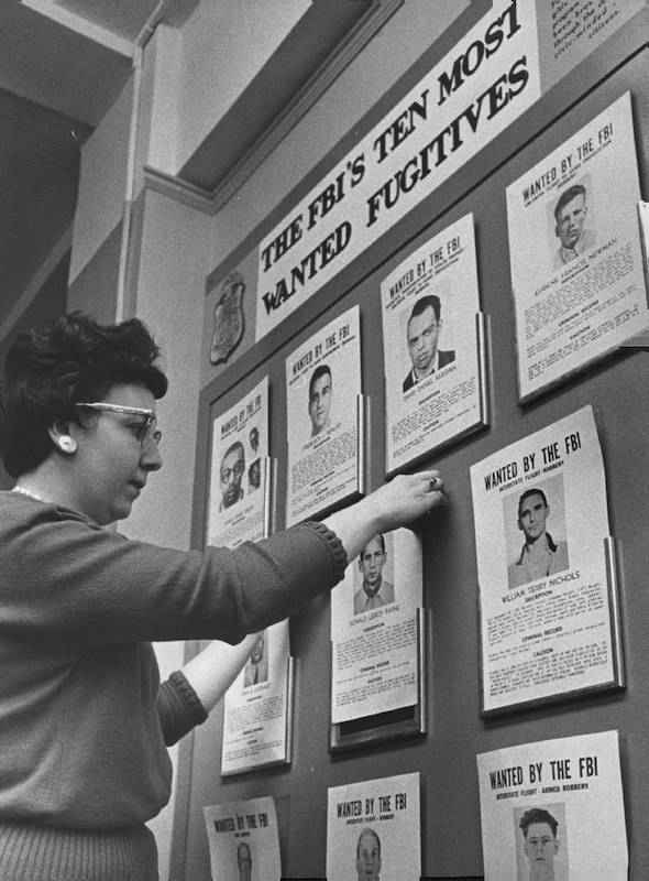 Receptionist Betty Porco keeps the 10 Most Wanted pictures straight in the Denver FBI office in 1962 (Dave Mathias — Post Archive / Getty Images)