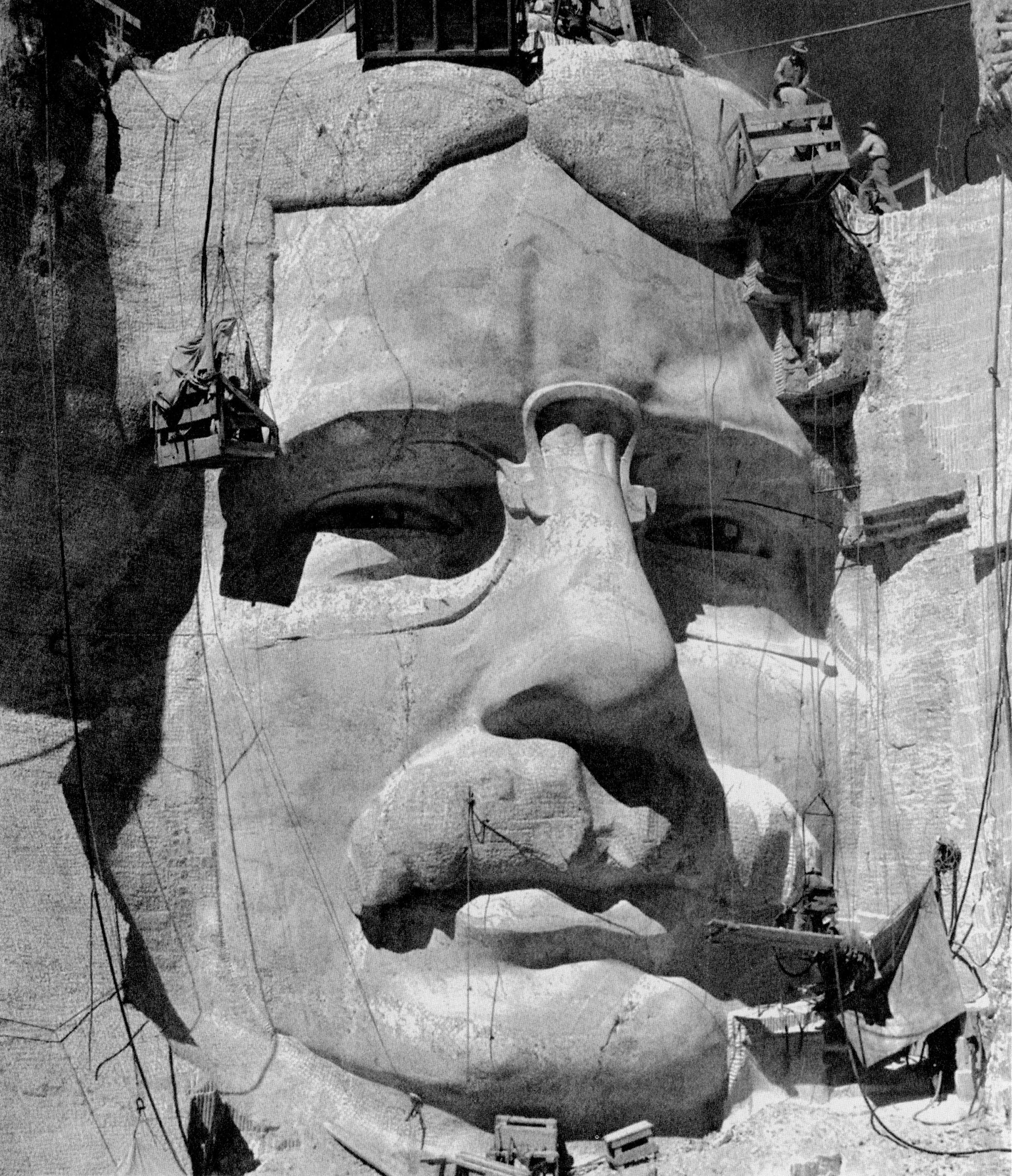 The head of Theodore Roosevelt under construction, c. 1930s.