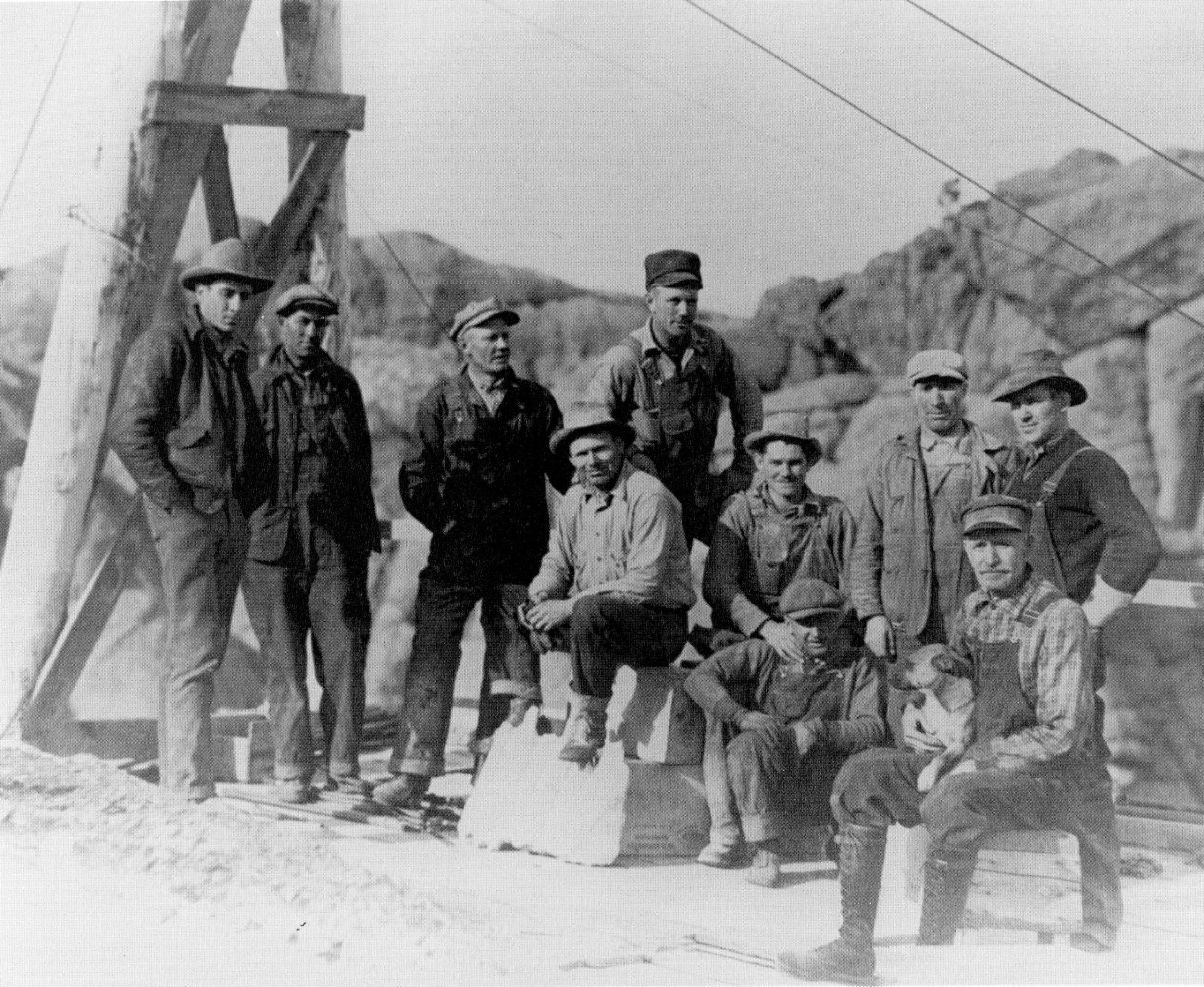 Workers take a break atop the mountain, c. 1930s.