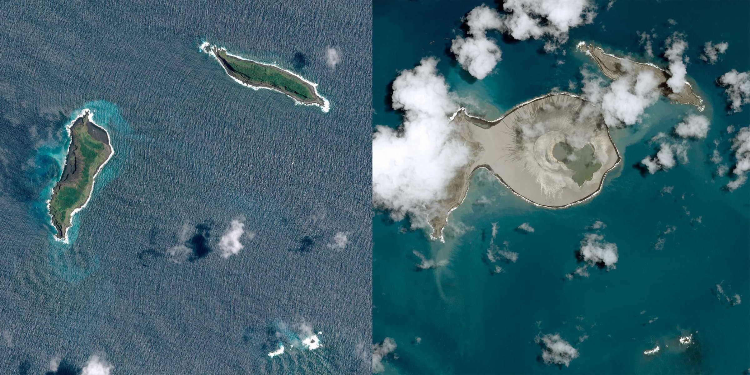 This diptych shows before and after satellite views of a new island, created when the island on the left fused with a volcanic crater, off the coast of Tonga. The pre-eruption satellite view before the island on the left became fused with the volcanic crater created by Hunga Tonga.