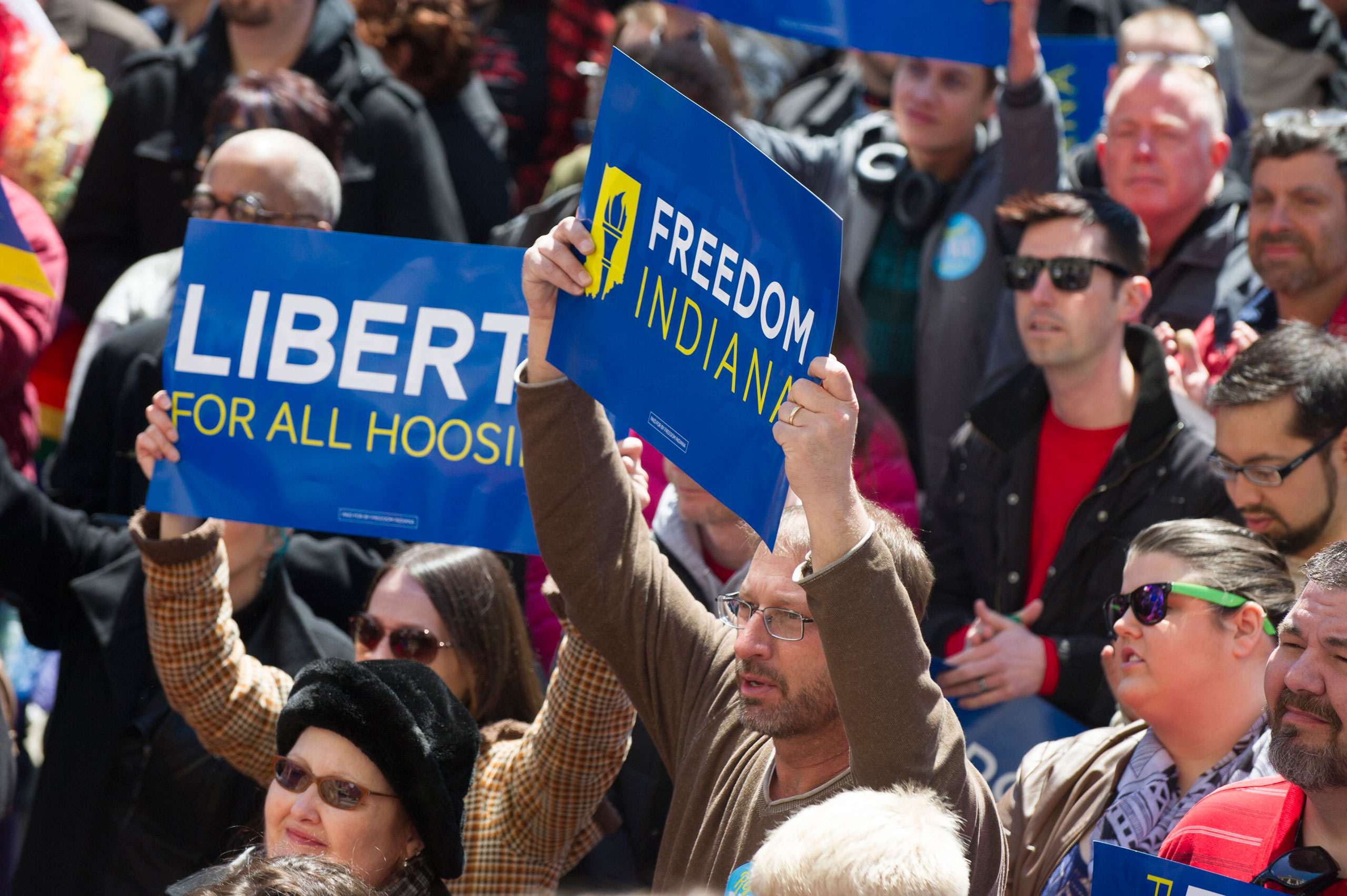Thousands of opponents of Indiana Senate Bill 101, the Religious Freedom Restoration Act, gather on the lawn of the Indiana state house to rally against that legislation on March 28, 2015 (Doug McSchooler—AP)
