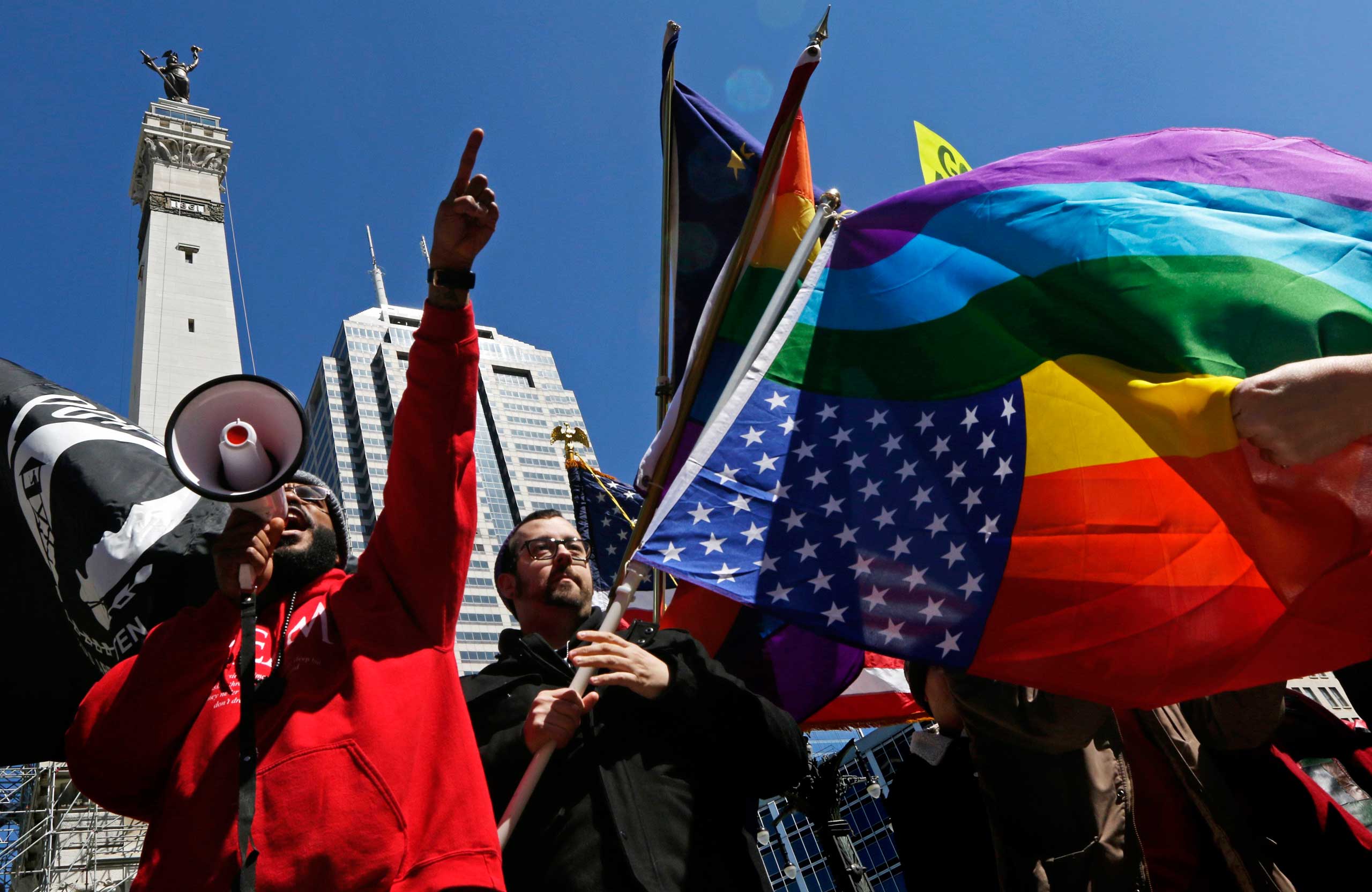 Demonstrators gathered at the Indiana State Capital to protest the Religious Freedom Restoration Act in Indianapolis on March 28, 2015. (Nate Chute—Reuters)