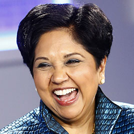 Nooyi Chairman and Chief Executive Officer of PepsiCo laughs during session of World Economic Forum in Davos