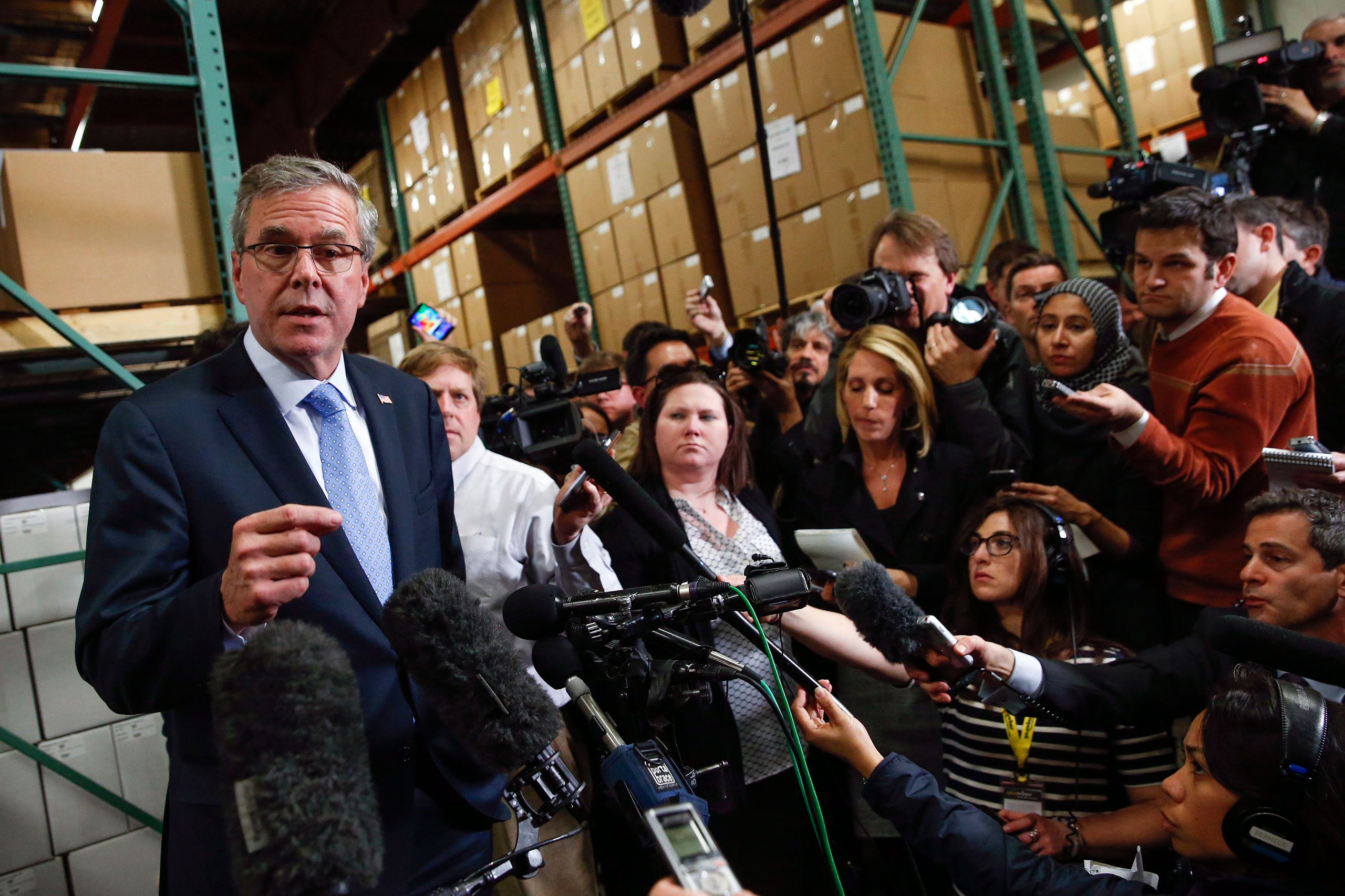 Former Florida Governor Jeb Bush speaks to the media after visiting Integra Biosciences during a campaign stop in Hudson, New Hampshire March 13, 2015. (Shannon Stapleton—Reuters)