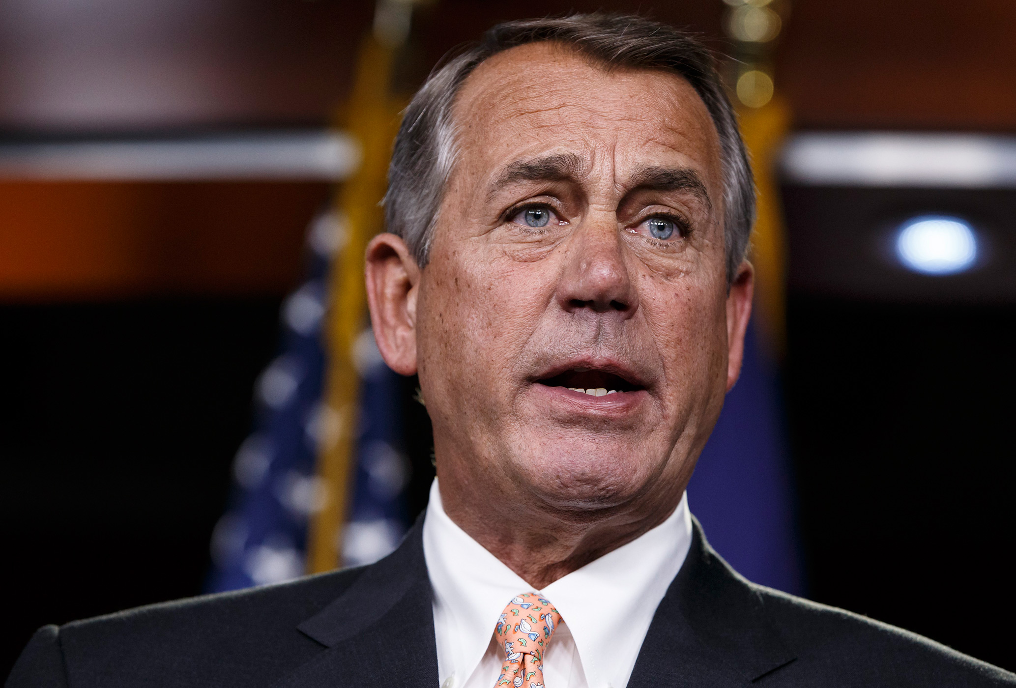 Speaker of the House John Boehner responds to reporters about the impasse over passing the Homeland Security budget because of Republican efforts to block President Barack Obama's executive actions on immigration, at the Capitol in Washington on Feb. 26, 2015. (J. Scott Applewhite—AP)