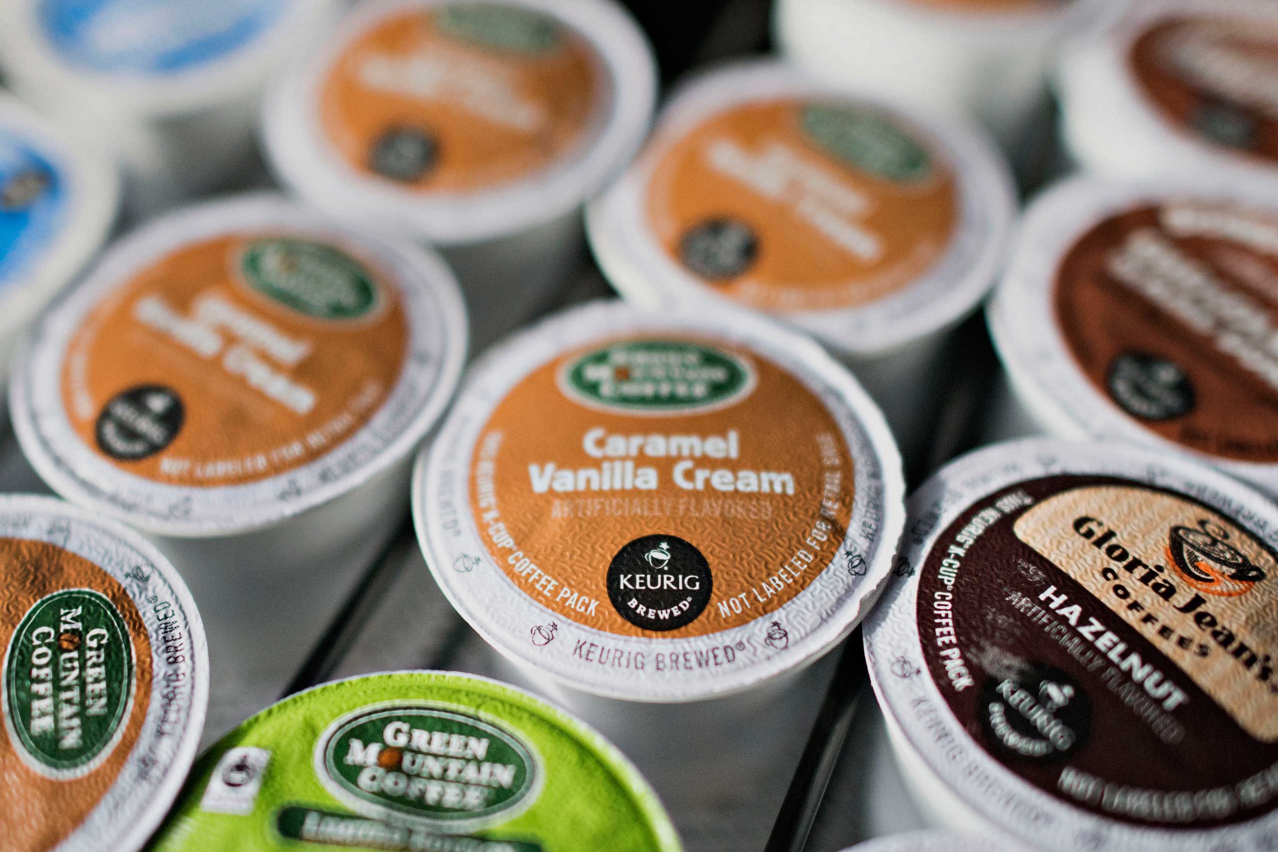 A tray of Keurig Green Mountain Inc. K-Cup coffee packs is arranged for a photograph at a salon in Princeton, Ill., Feb. 3, 2015. (Daniel Acker—Bloomberg/Getty Images)