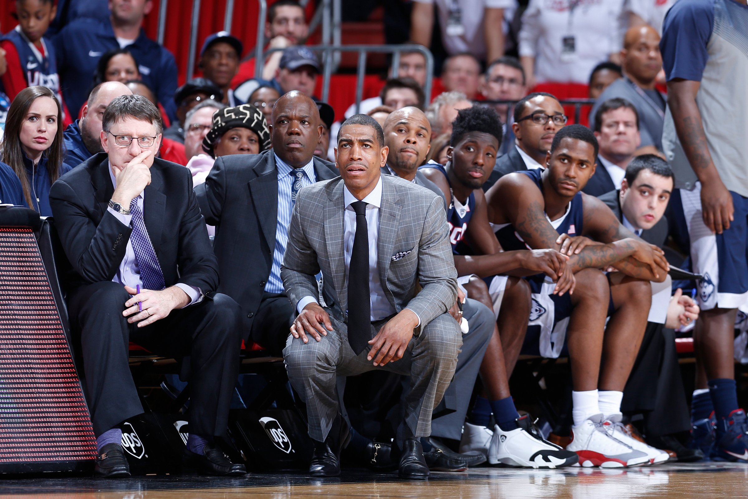 Head coach Kevin Ollie of the Connecticut Huskies looks on against the Cincinnati Bearcats during the game at Fifth Third Arena on Jan. 29, 2015 in Cincinnati.