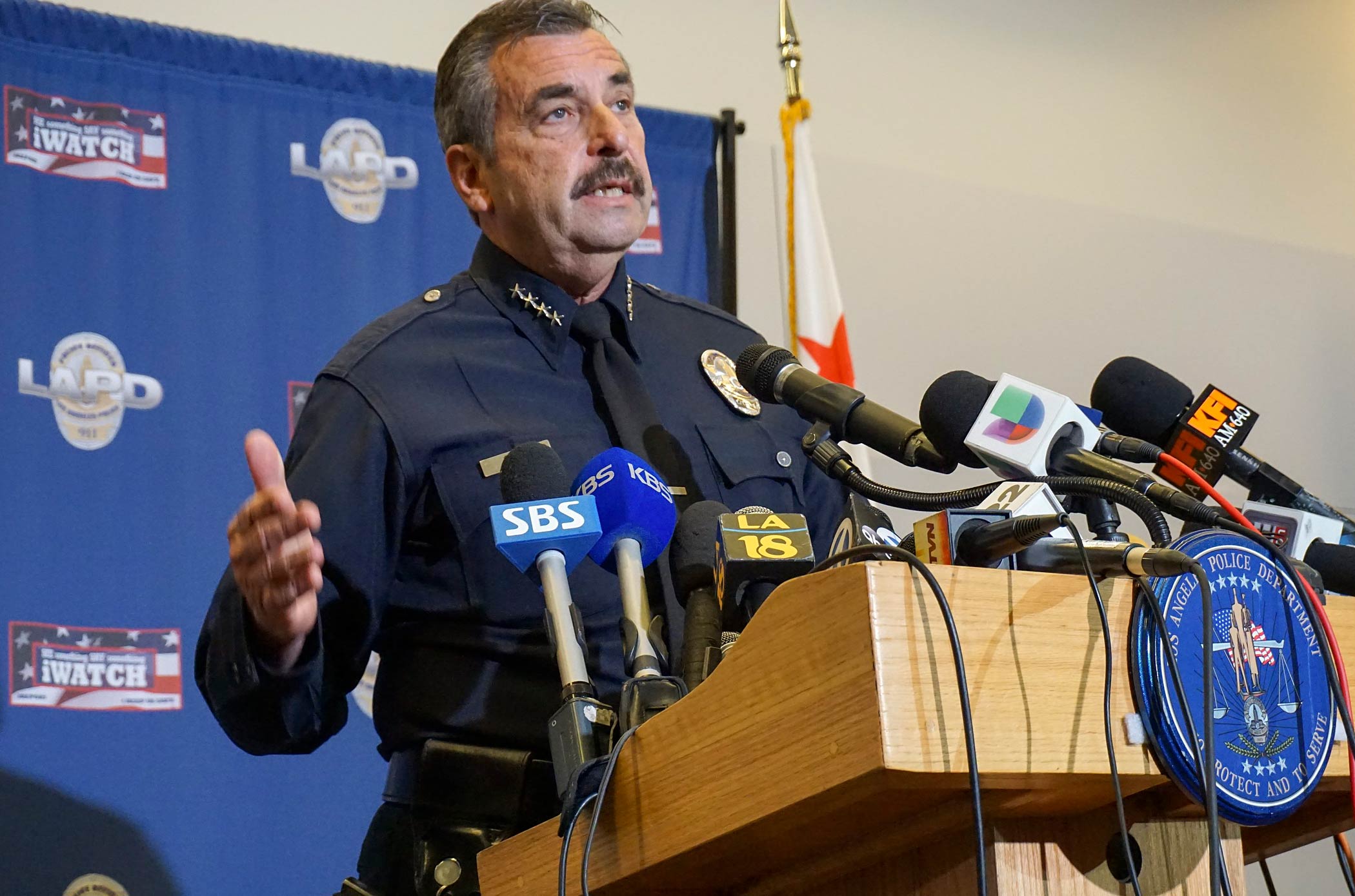 Los Angeles Police Chief Charlie Beck comments on the shooting of a homeless man on Skid Row of  Los Angeles, at a news conference at police headquarters on March 2, 2015. (Damian Dovarganes—AP)