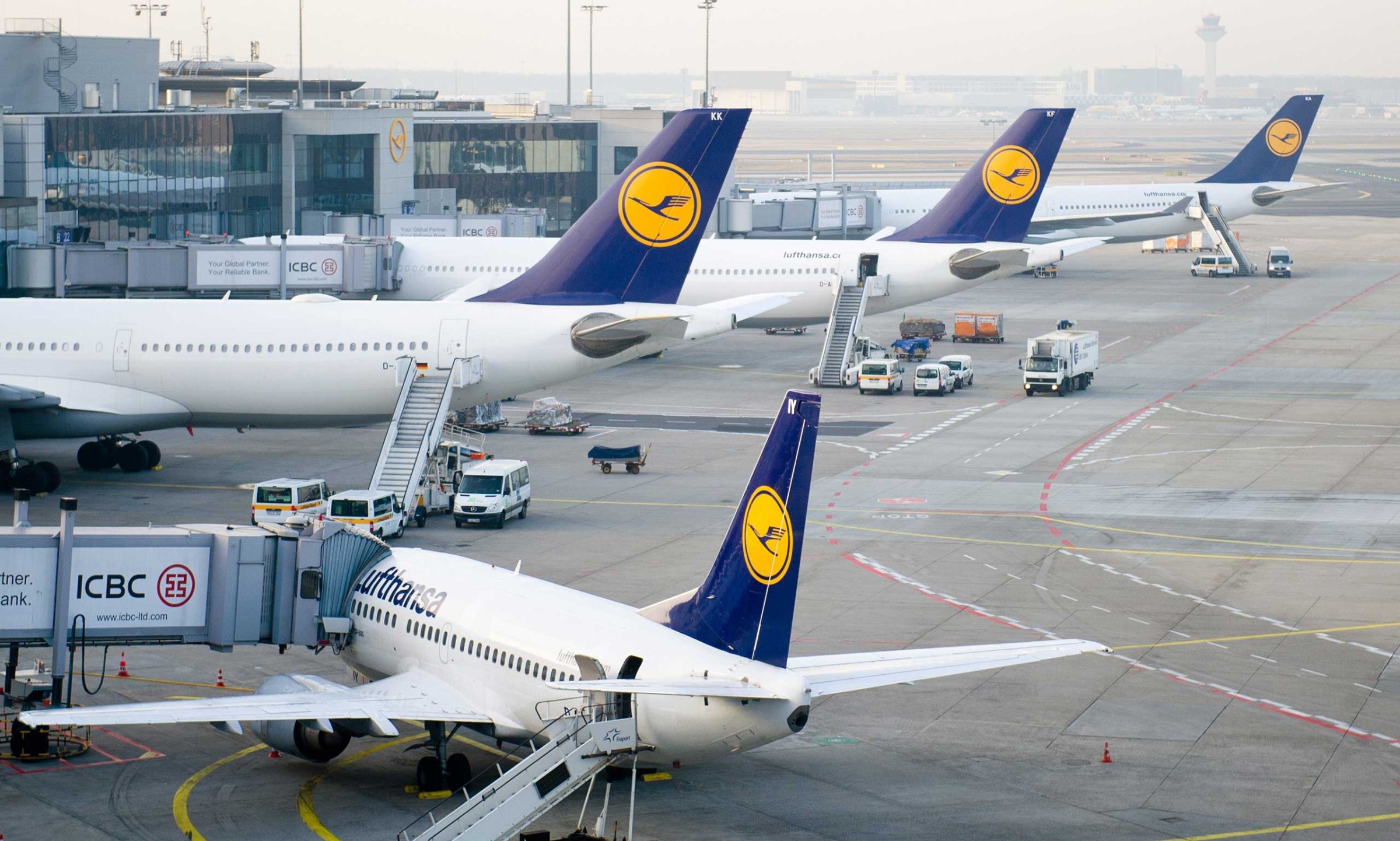 Short-haul and long-haul Lufthansa aircrafts stand at the airport in Frankfurt, Germany on March 18, 2015.