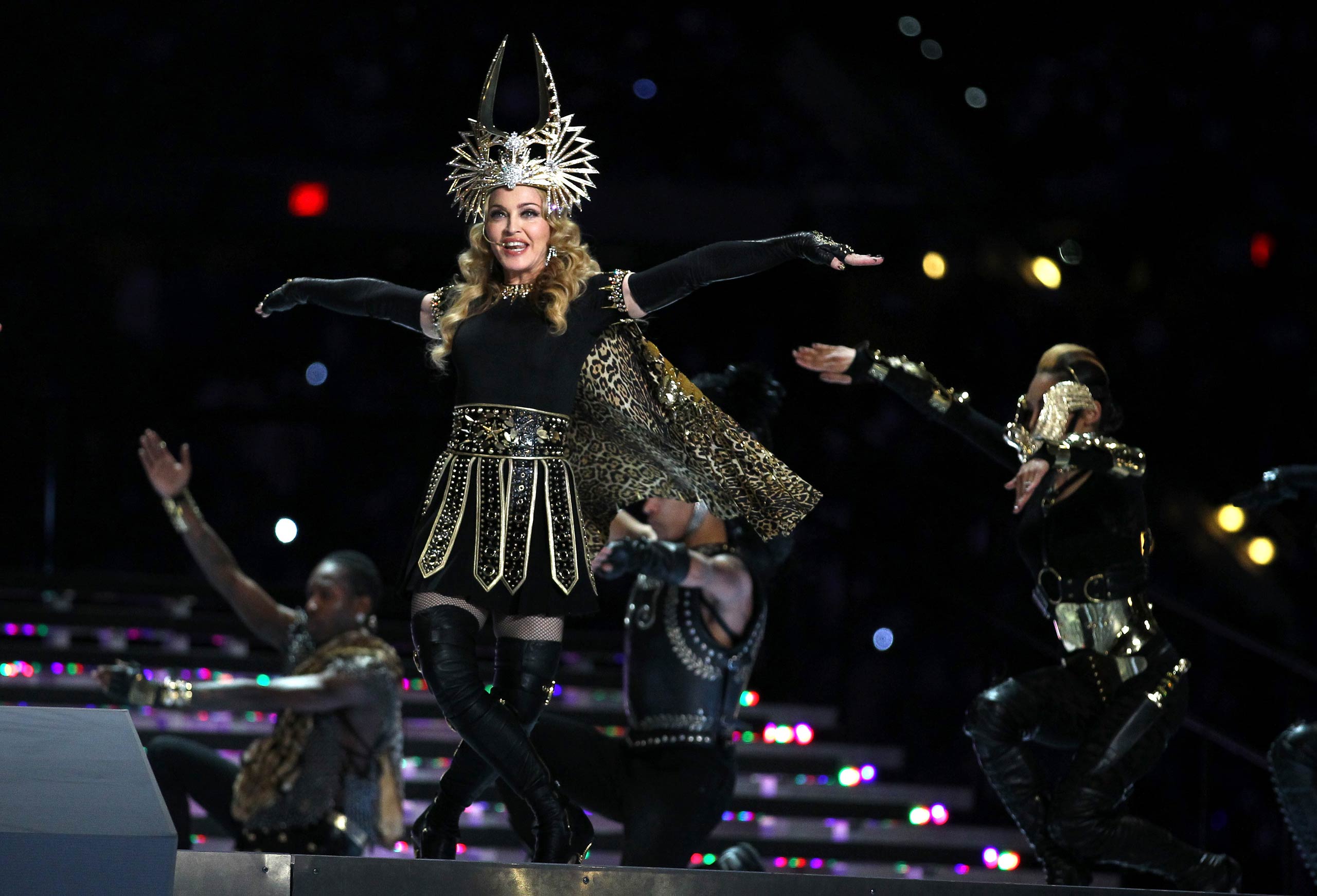 Madonna performs during the Bridgestone Super Bowl XLVI Halftime Show at Lucas Oil Stadium in Indianapolis, Ind. in 2012.
