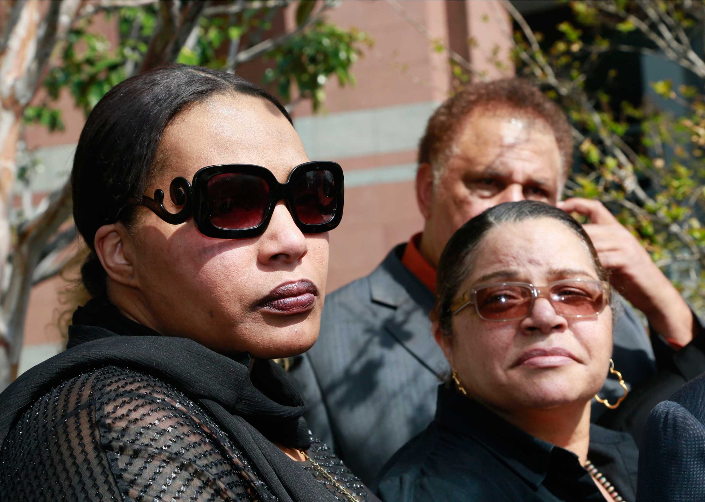 Marvin Gaye's daughter, Nona Gaye, left, and his ex-wife, Jan Gaye, take questions from the media outside Los Angeles U.S. District Court, after a jury awarded the singer's children nearly $7.4 million after determining singers Robin Thicke and Pharrell Williams copied their father's music to create "Blurred Lines," March 10, 2015.