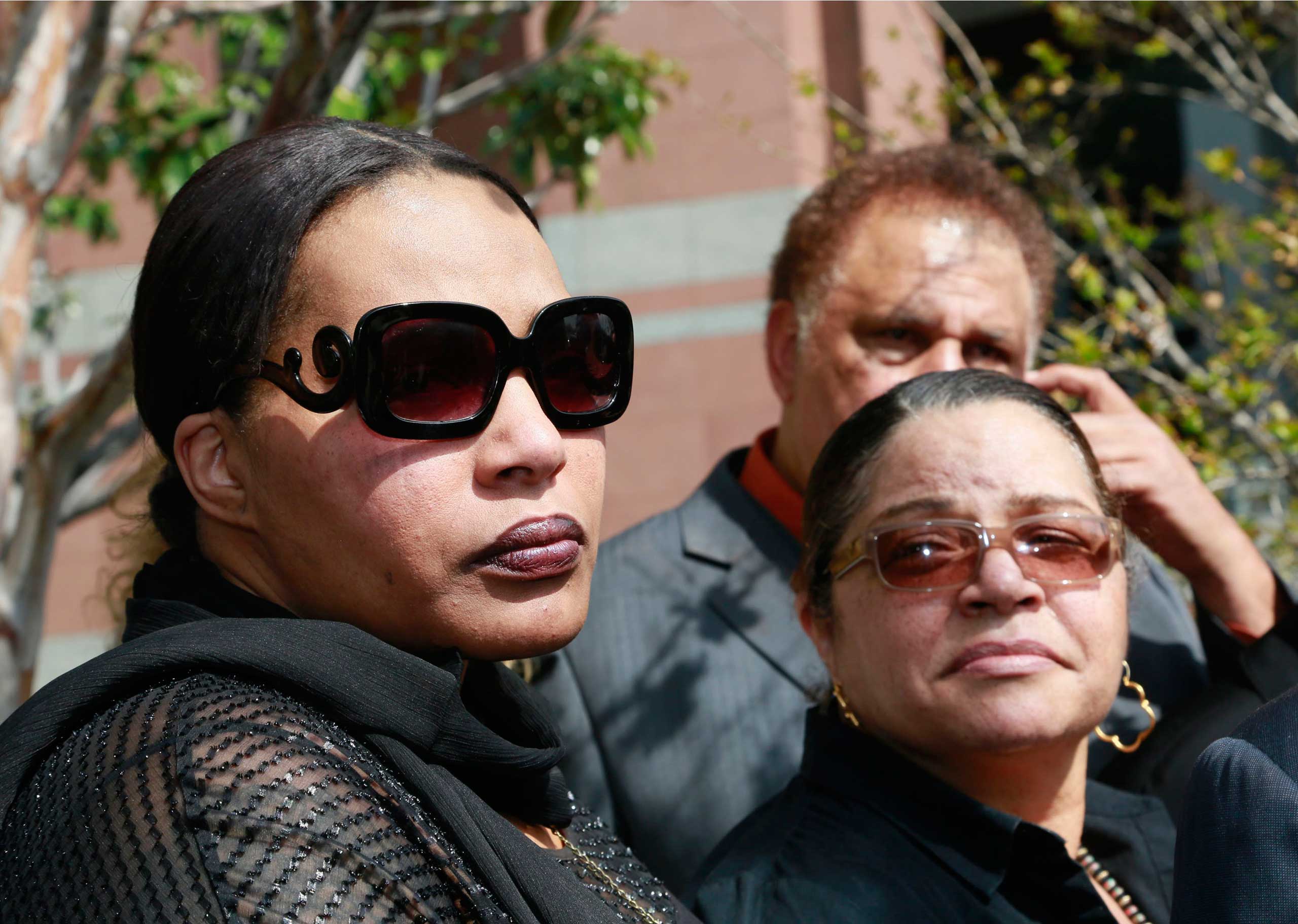 Marvin Gaye's daughter, Nona Gaye, left, and his ex-wife, Jan Gaye, take questions from the media outside Los Angeles U.S. District Court, after a jury awarded the singer's children nearly $7.4 million after determining singers Robin Thicke and Pharrell Williams copied their father's music to create "Blurred Lines," March 10, 2015. (Nick Ut—AP)