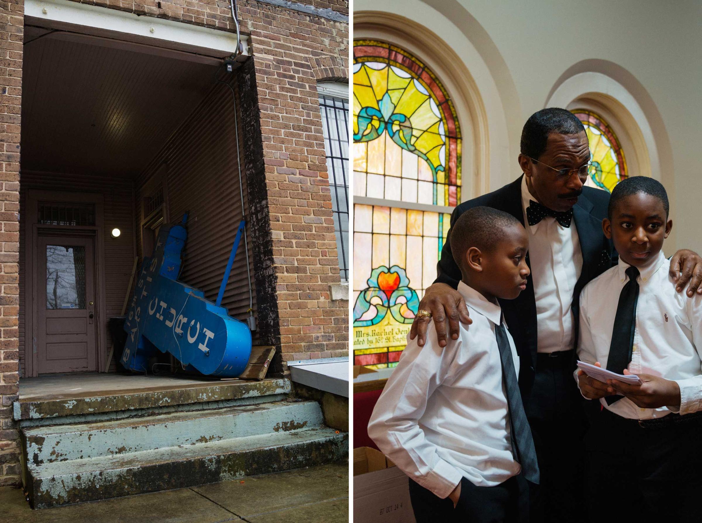 Left: The old sign from 16th Street Baptist Church in Birmingham, Ala. Right: A deacon gives instructions to two young greeters at 16th Street Baptist Church in Birmingham, Ala. on March 22, 2015.