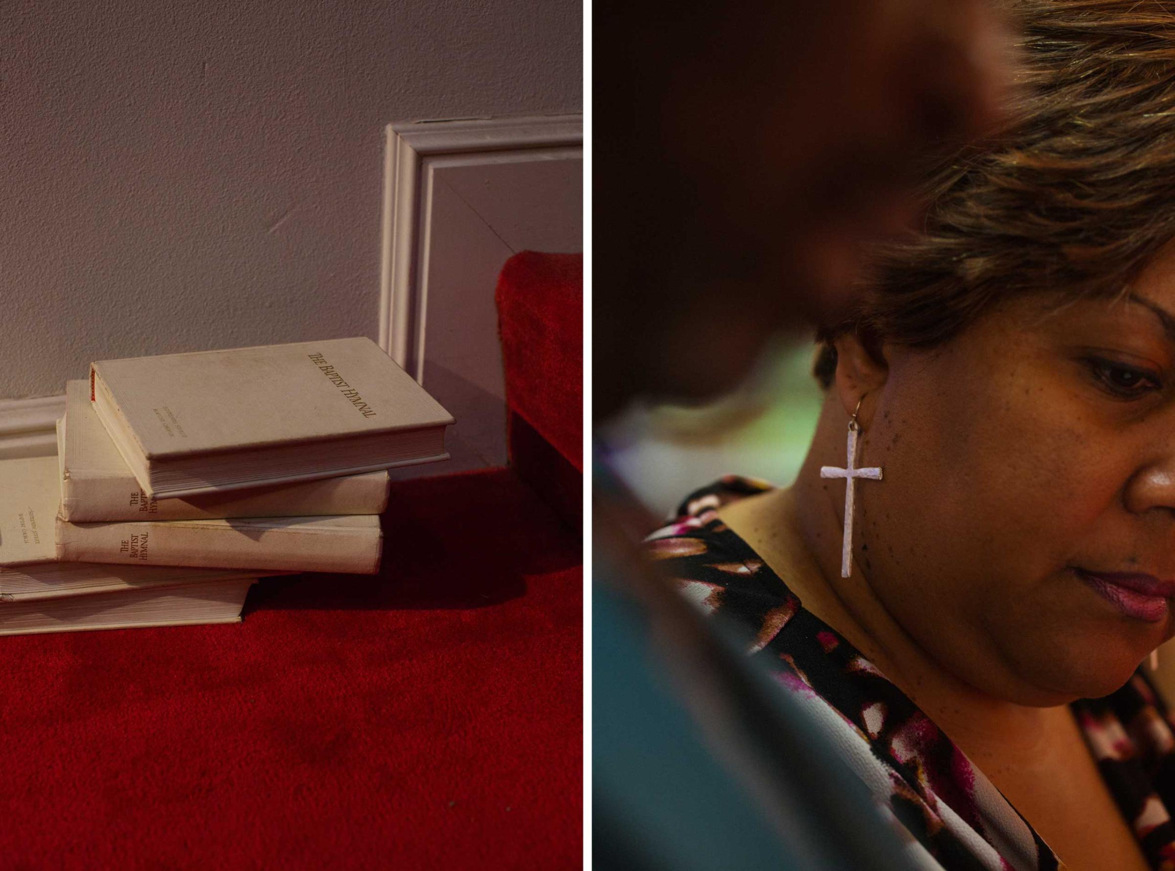 Left: A stack of hymnals at 16th Street Baptist Church. Right: A woman wears cross earrings during a service at 16th Street Baptist Church in Birmingham, Ala. on March 22, 2015.