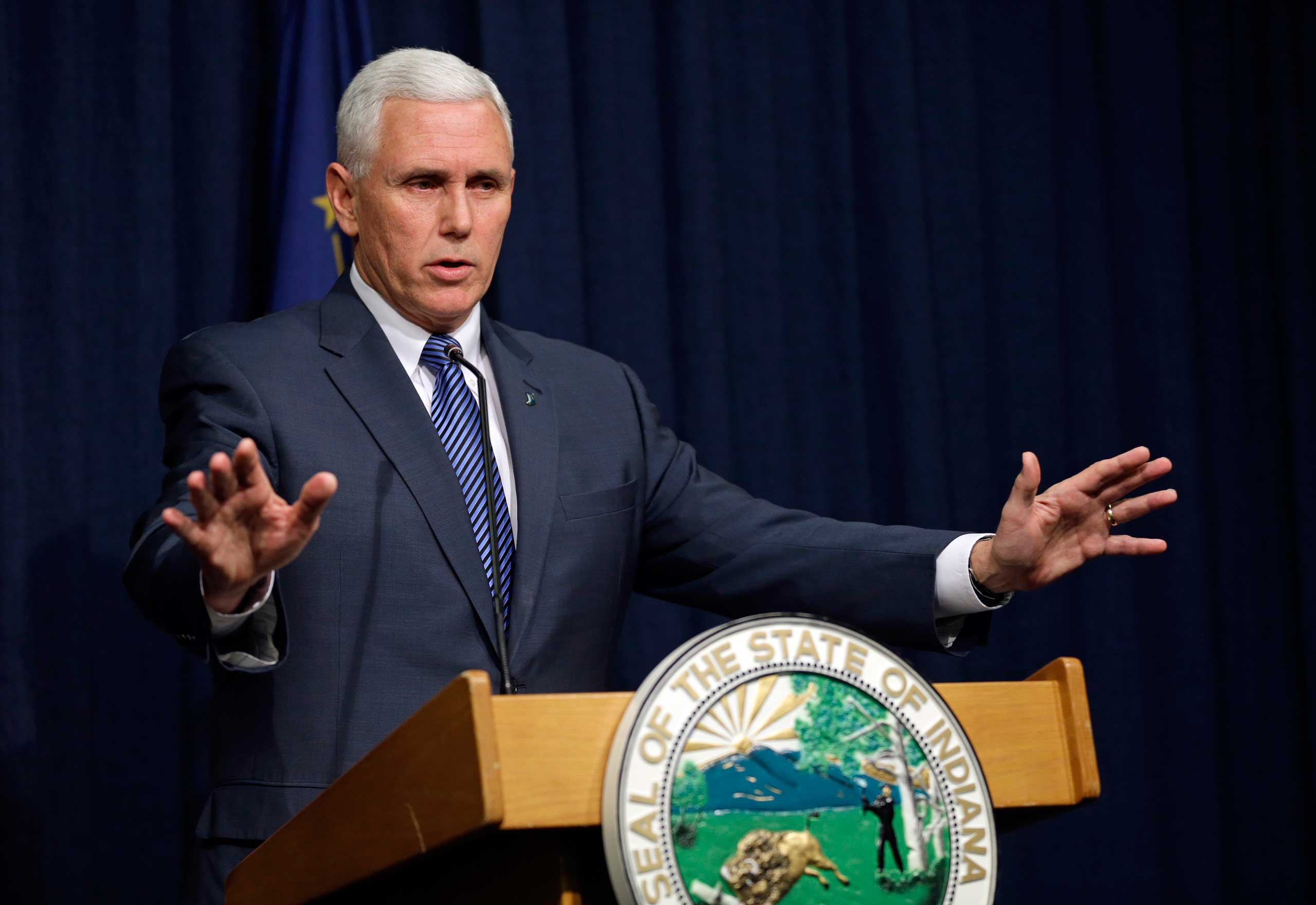 Indiana Gov. Mike Pence holds a news conference at the Statehouse in Indianapolis, Thursday, March 26, 2015. (Michael Conroy&mdash;AP)