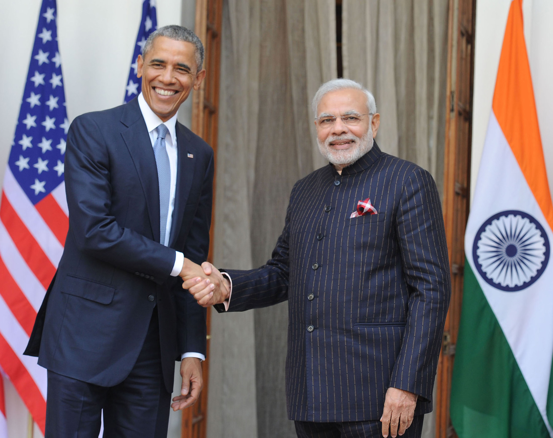 Indian Prime Minister Narendra Modi with President Barack Obama at Hyderabad House on Jan. 25, 2015 in New Delhi, India. (Prabhat Kumar Verma—Pacific Press/LightRocket/Getty Images)