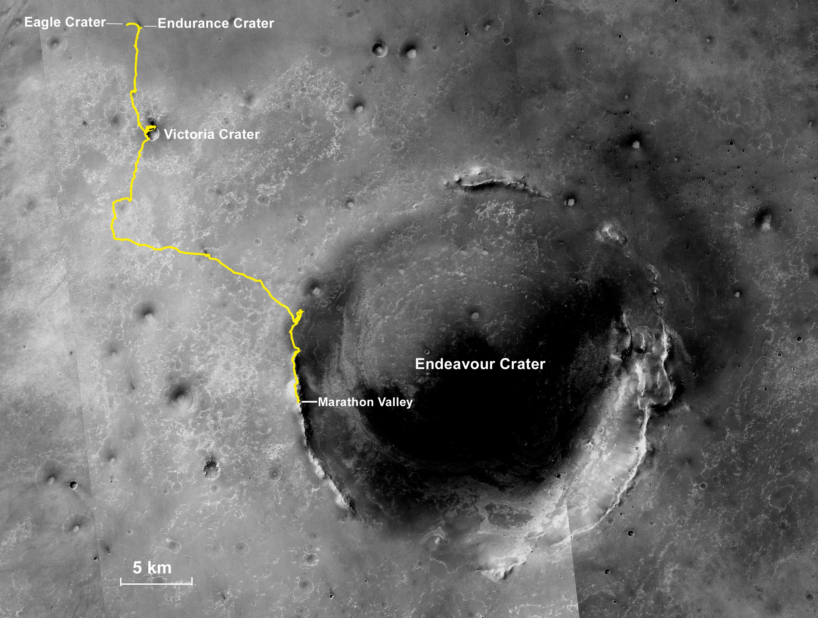 This map shows NASA's Opportunity Mars Rover's entire traverse from landing to Marathon Valley. The rover completed its first Red Planet marathon Tuesday — 26.219 miles (42.195 kilometers) (NASA/JPL-Caltech/MSSS/NMMNHS)