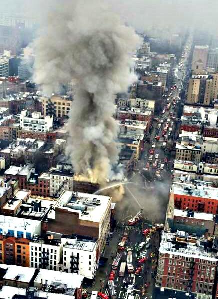 A building fire is seen from overhead in the East Village of New York City on March 26, 2015.