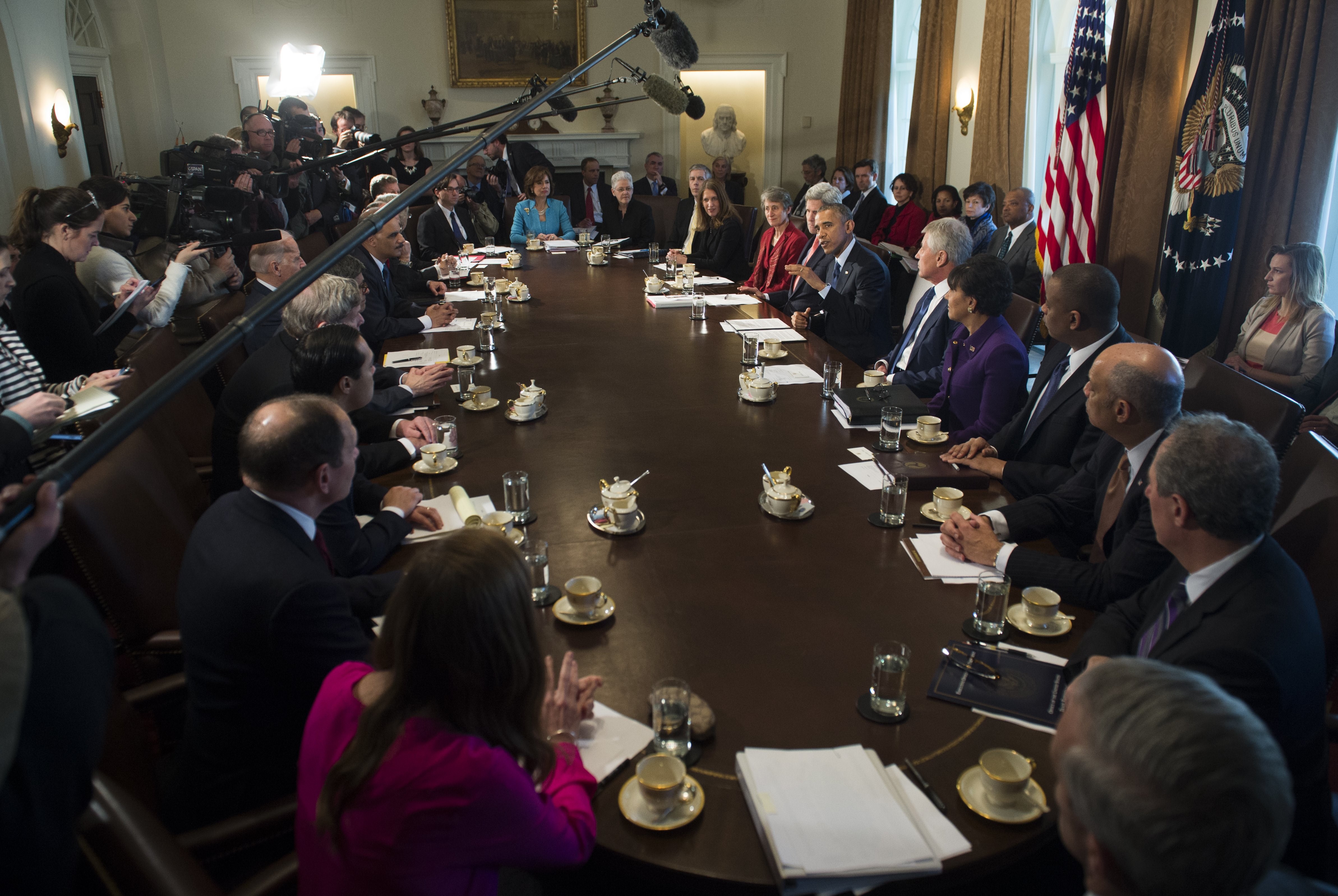 US President Barack Obama speaks during a Cabinet Meeting in the Cabinet Room of the White House in Washington on Feb. 3, 2015.