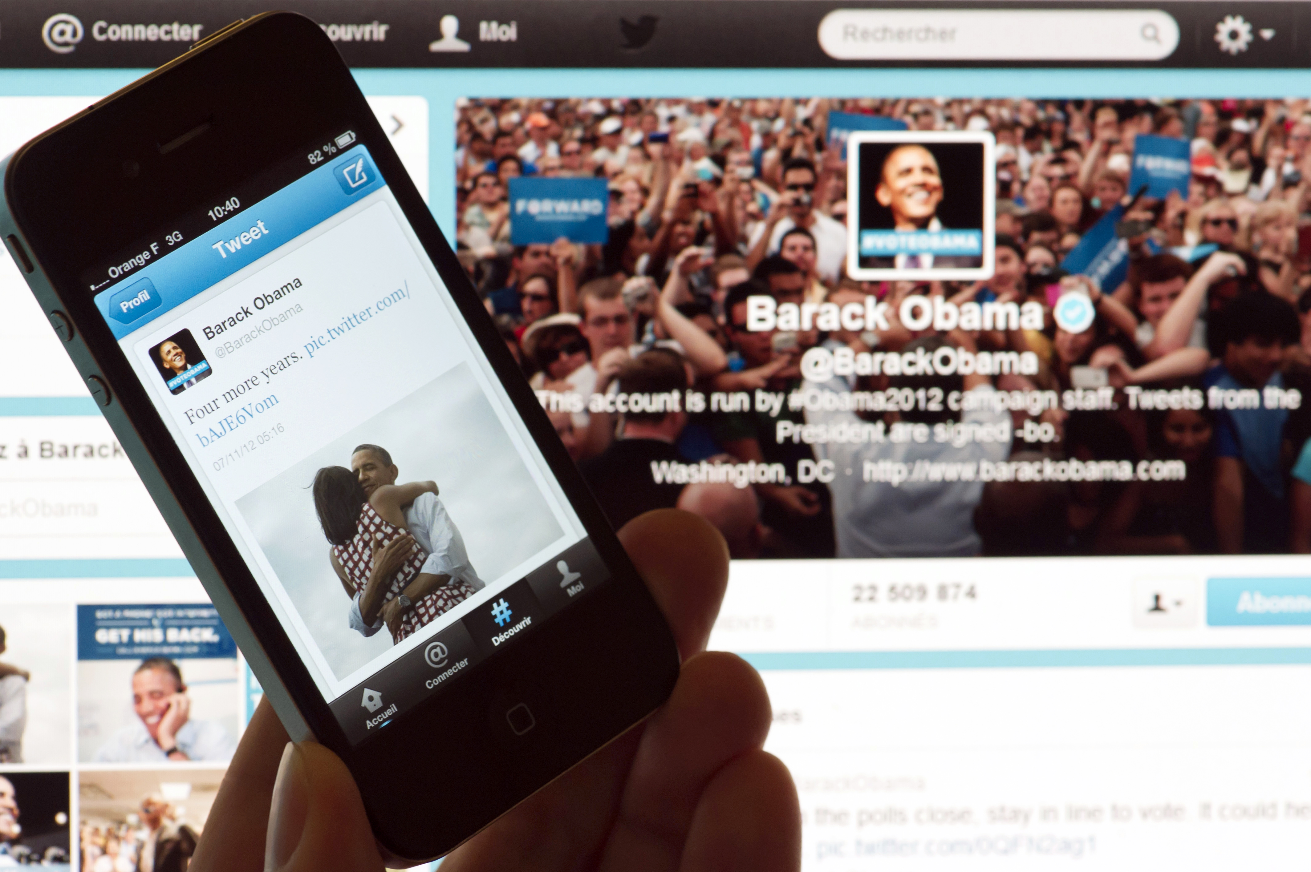 Barack Obama's tweets on Nov. 7, 2012 after his re-election as US president. (Lionel Bonaventure—AFP/Getty Images)