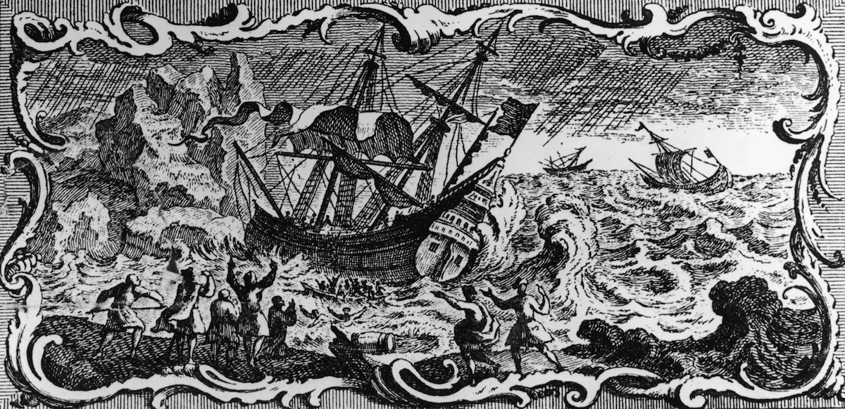 A pirate ship oencounters bad weather off the Barbary Coast of North Africa, circa 1650. An engraving by A. Maisonneuve after A. Humblot. (Hulton Archive / Getty Images)