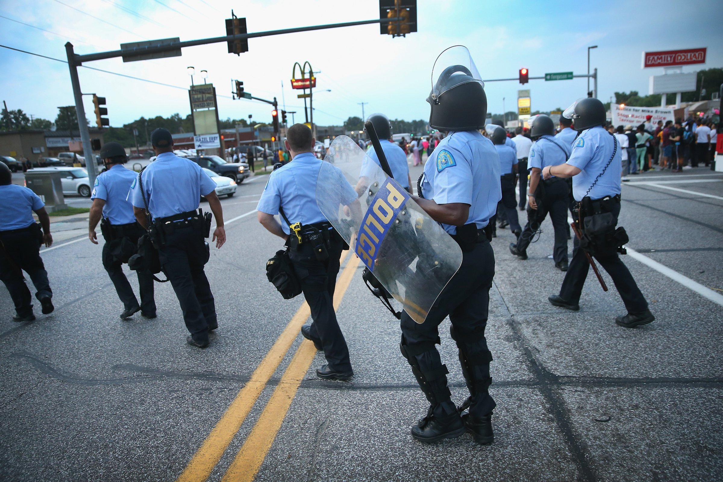 Police are deployed to keep peace along Florissant Avenue on Aug. 16, 2014 in Ferguson, Missouri.