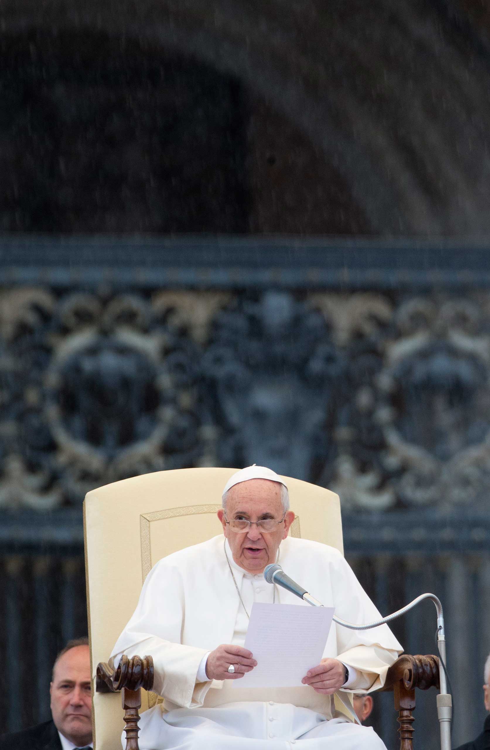 Pope Francis speaks during his weekly general audience in St. Peter's Square at the Vatican, March 25, 2015. (Andrew Medichini—AP)