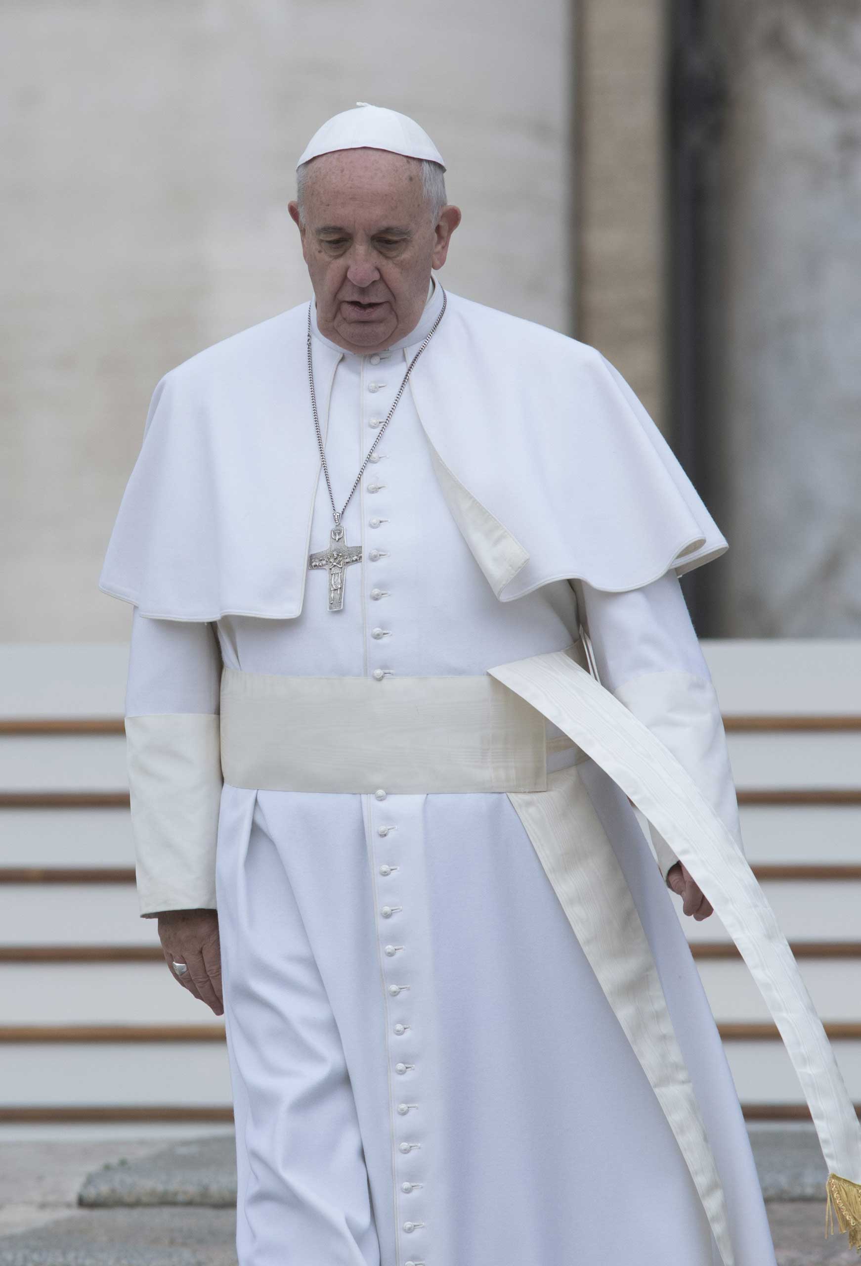 Pope Francis attends his weekly audience in St. Peter's Square on March 4, 2015 in Vatican City, Vatican.
