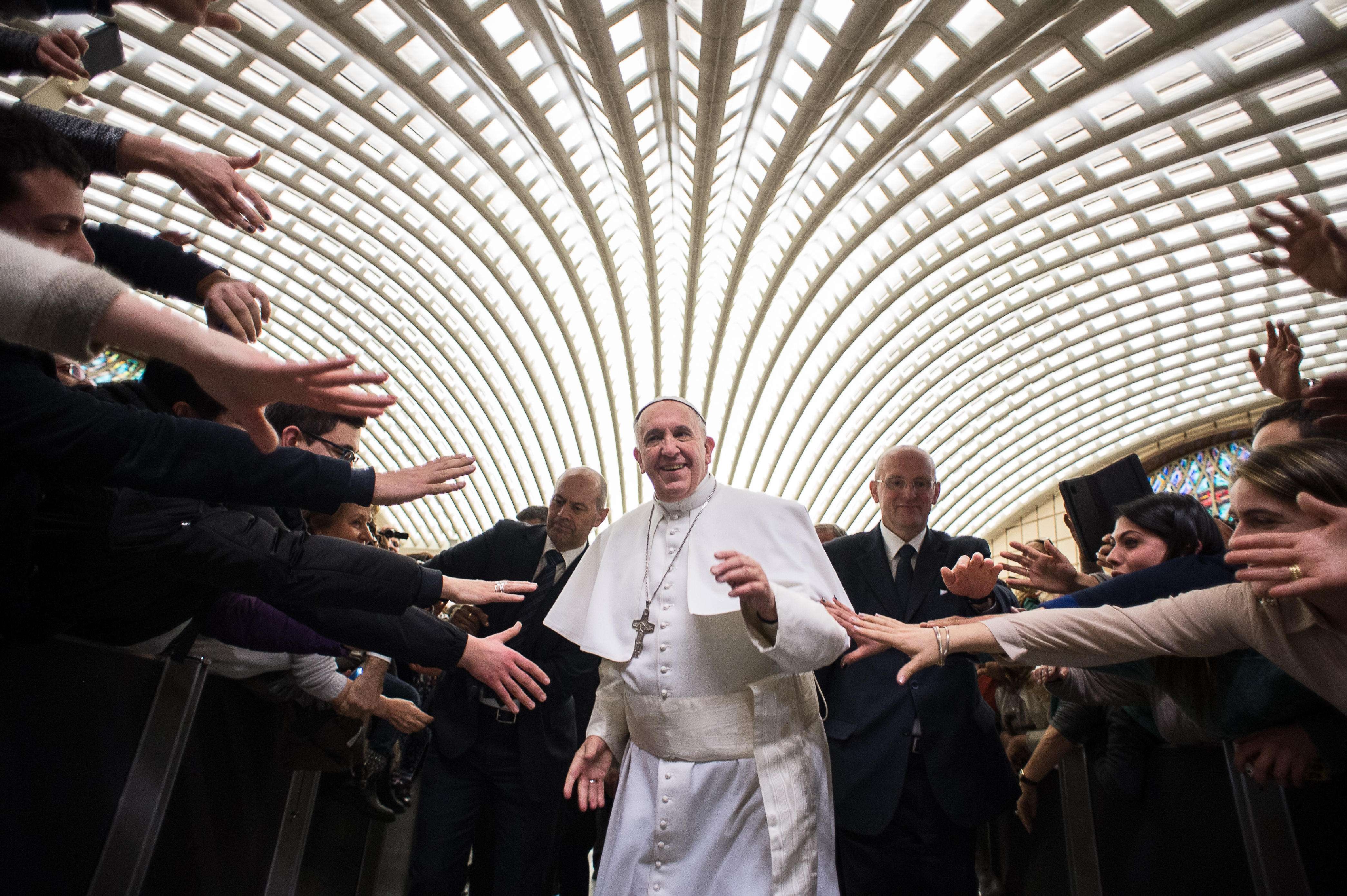 Pope Francis attends a special audience for the Cassano allo Jonio diocese at the Vatican on Feb.21, 2015. (Osservatore Romano— Vatican Press Office/AFP/Getty Images)