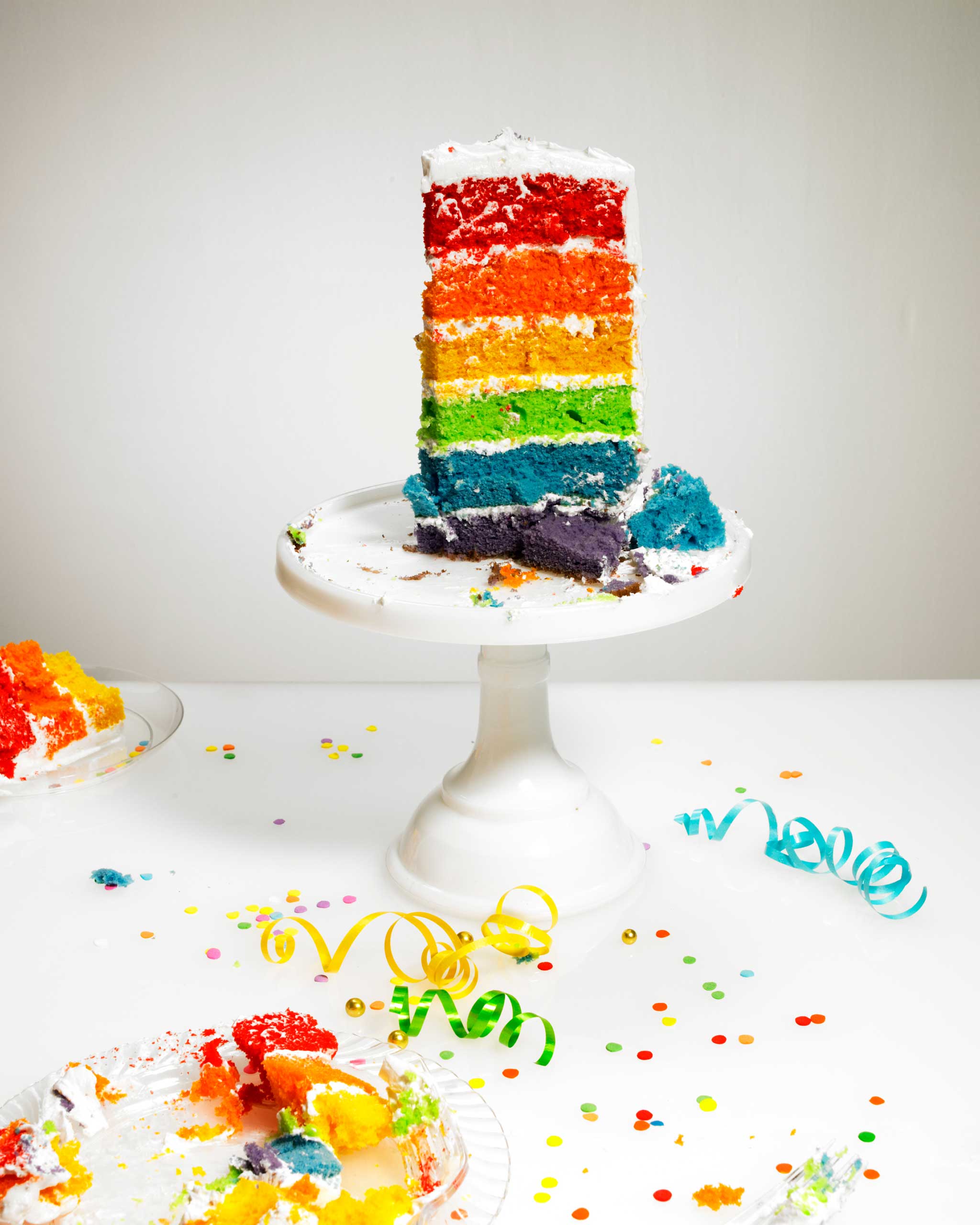 Rainbow Cake on White Pedestal