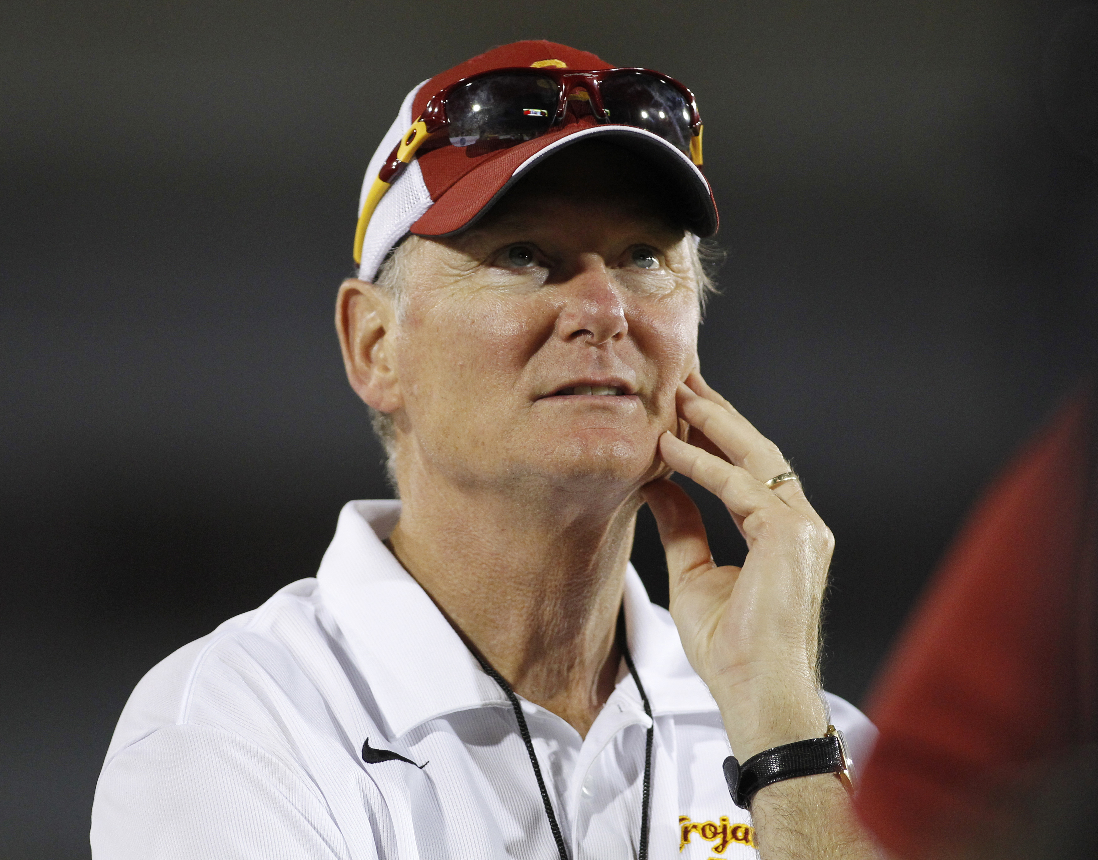 Pat Haden stands on the sidelines during the NCAA football game against the Hawaii Warriors in Los Angeles on Sept. 1, 2012 (Danny Moloshok—Reuters)