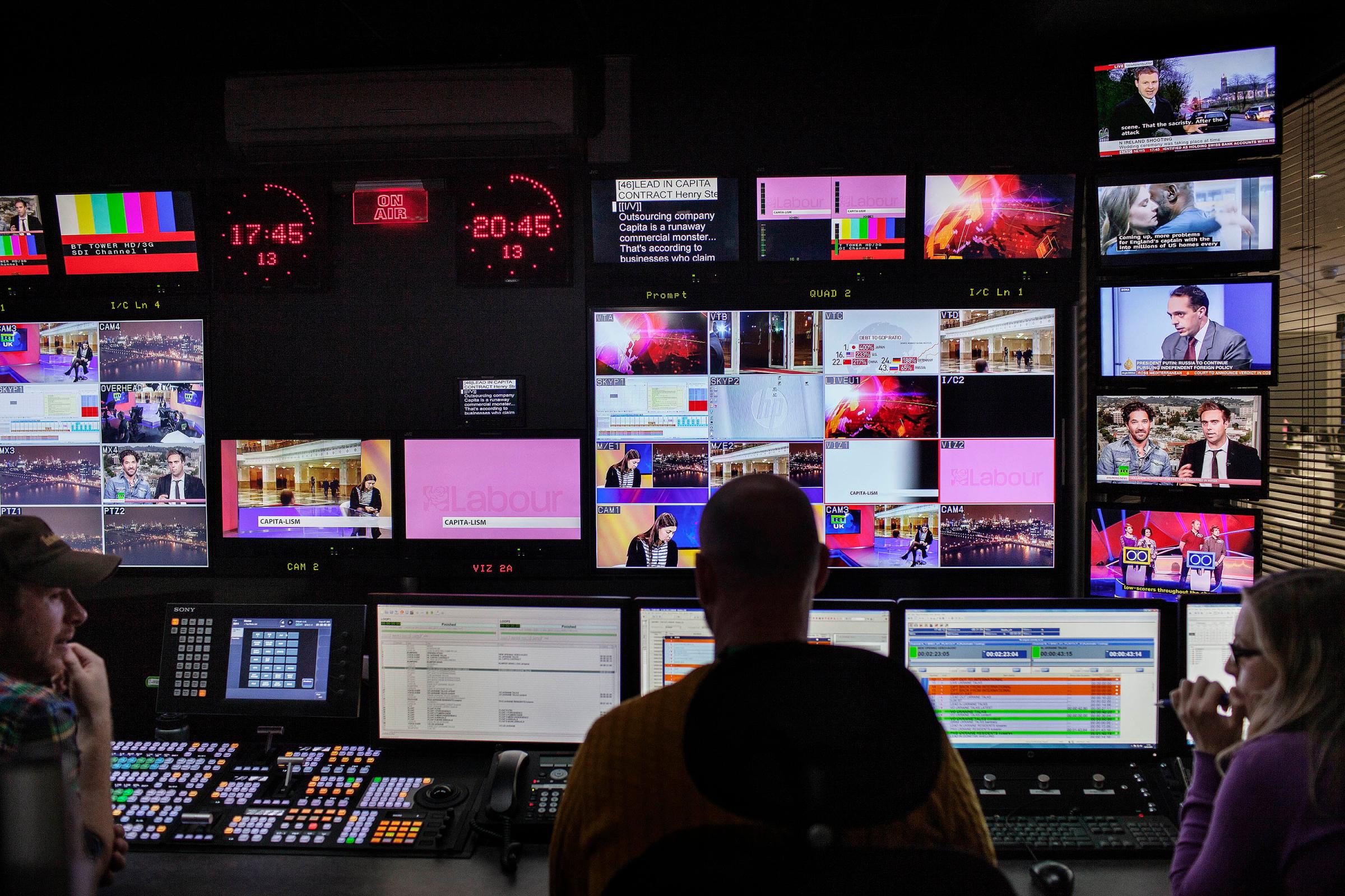 Production staff in the control room of RT’s London studios.