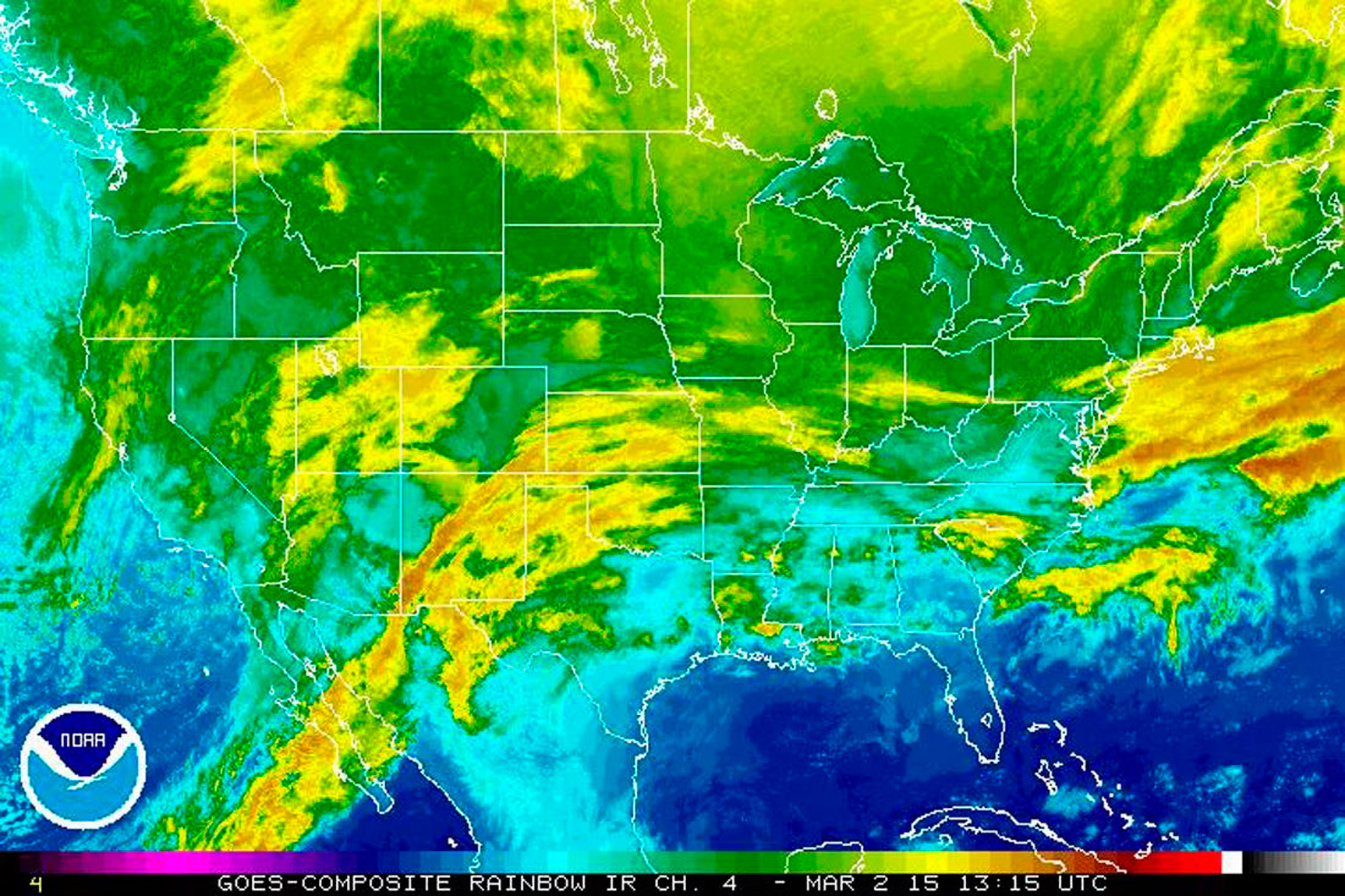 An infrared view of U.S. shows a storm poised to hit northern states across the nation with more snow and ice on March 2, 2015. (NOAA/Reuters)