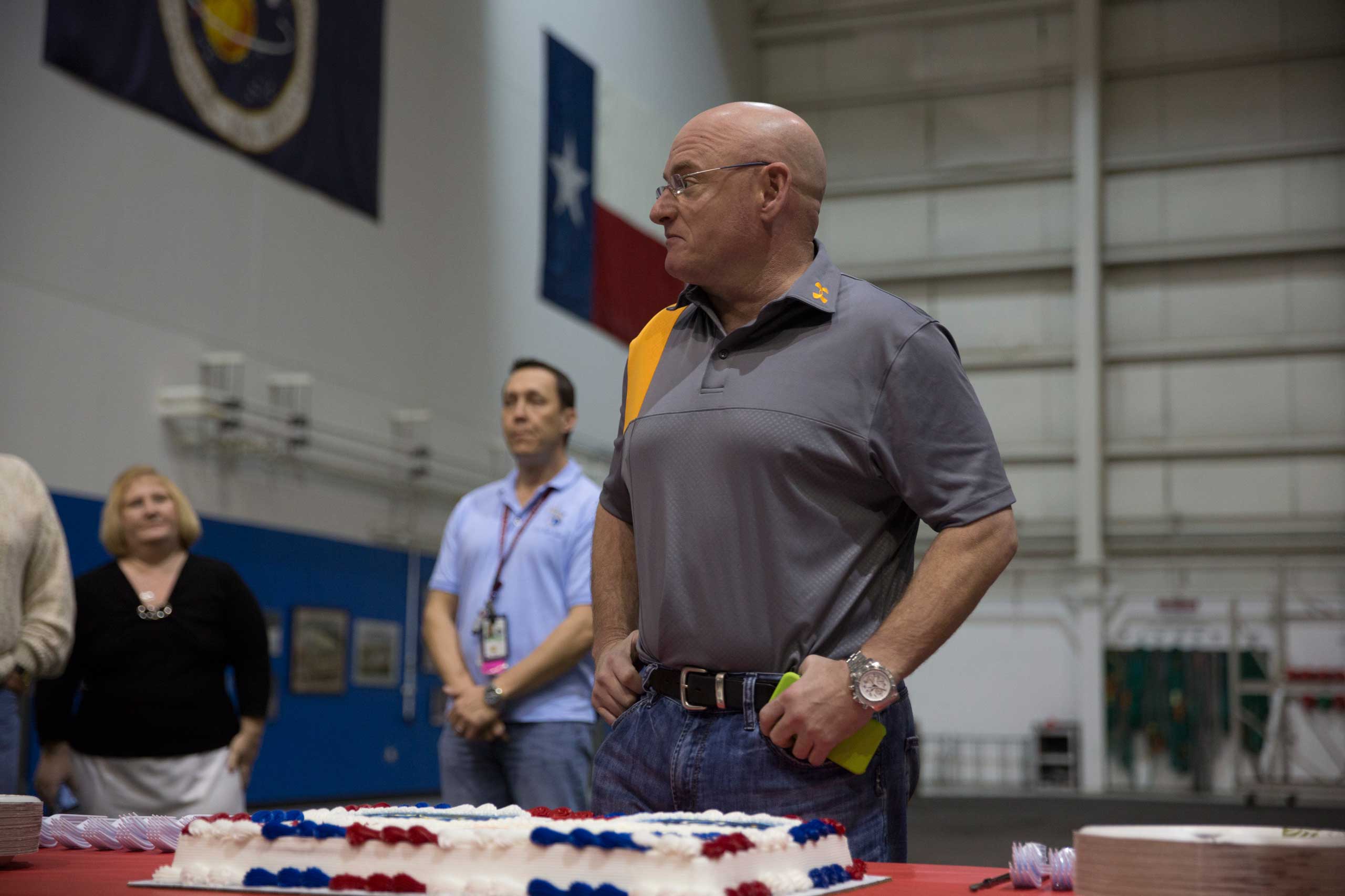 Following the successful completion of his final training in the pool, the staff at the Neutral Buoyancy Lab in Houston presented Scott with a cake wishing him well on the mission. (Marco Grob for TIME)
