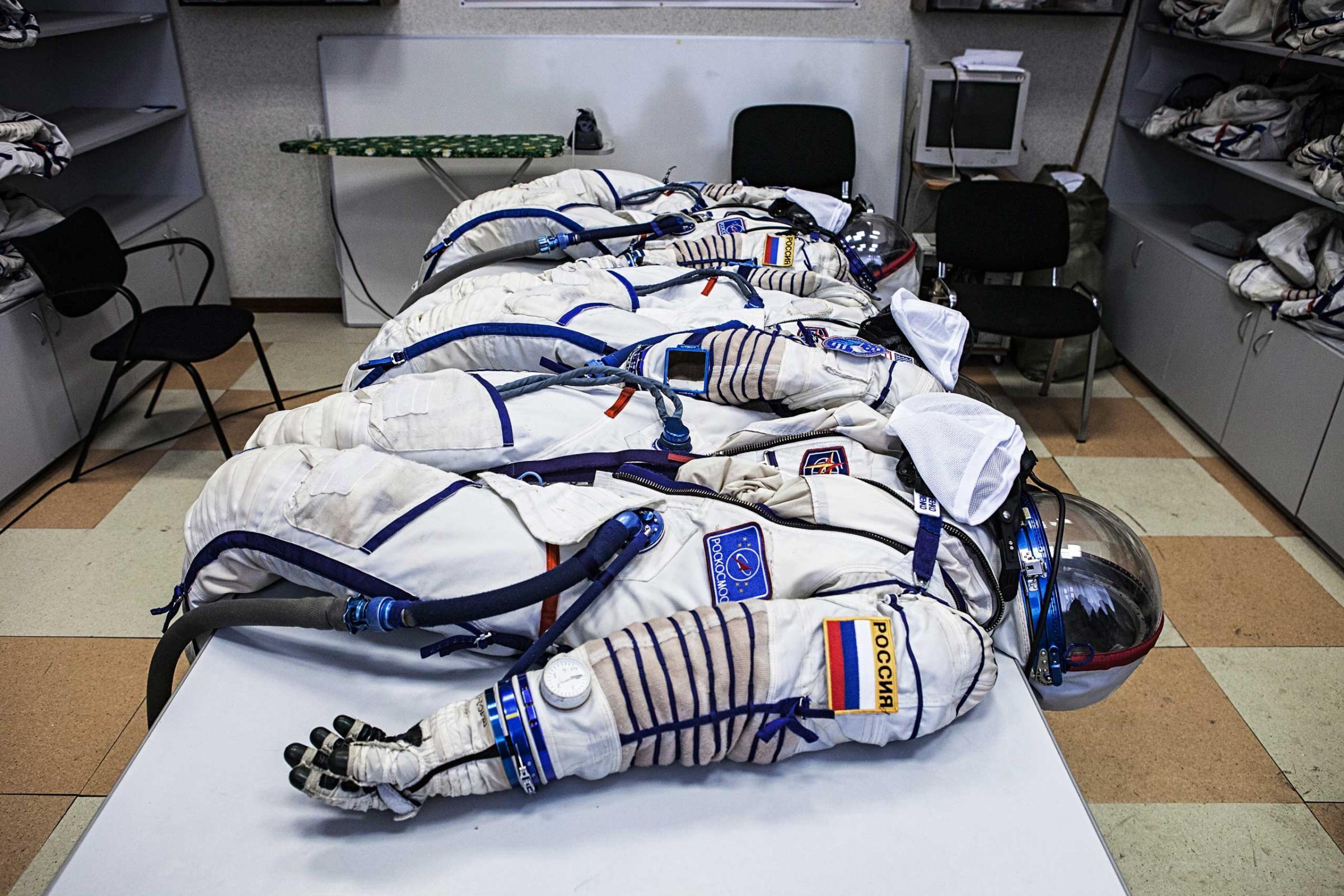Russian Sokol suits, used for launch into orbit and reentry from space, are seen at the Yuri Gagarin Cosmonaut Training Center in Star City, Russia on March 5, 2015.