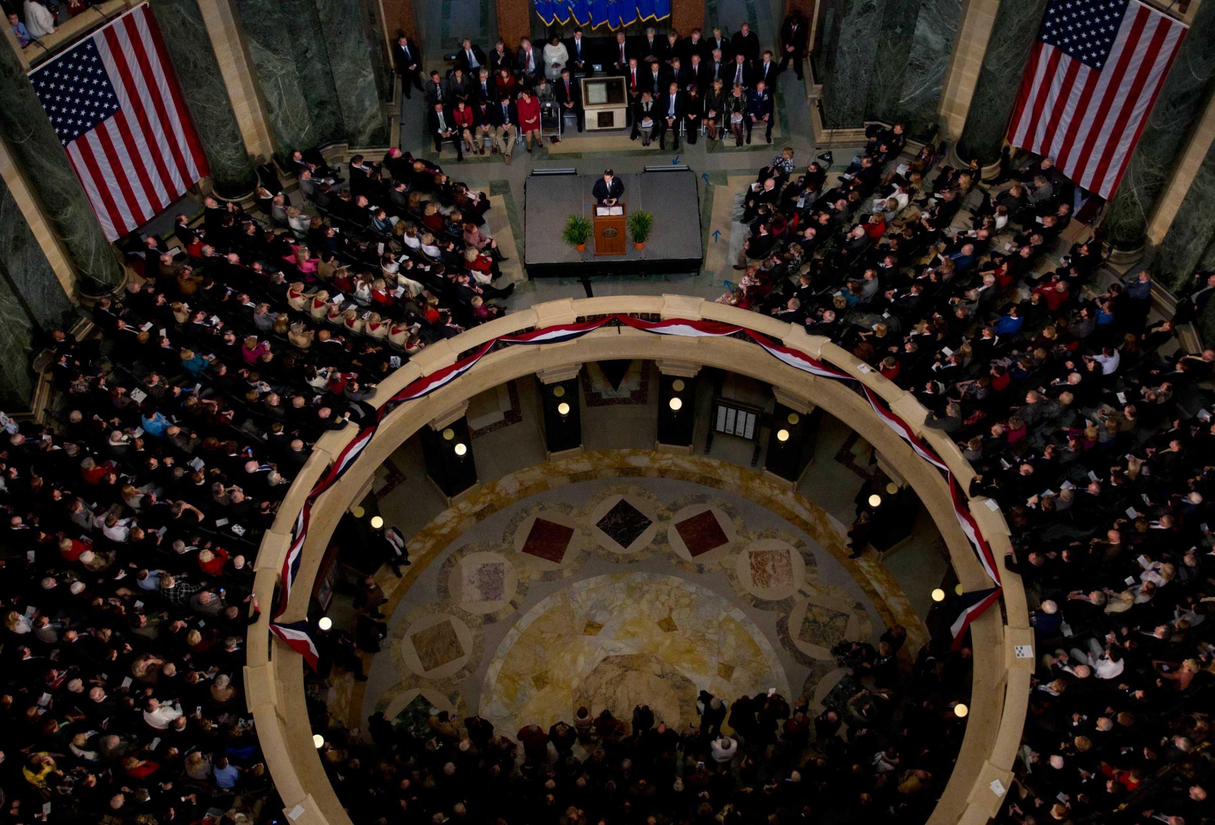 Wisconsin Gov. Scott Walker speaks at an inauguration ceremony in the rotunda of the state Capitol Monday in Madison, Wis., on Jan. 3, 2011.
