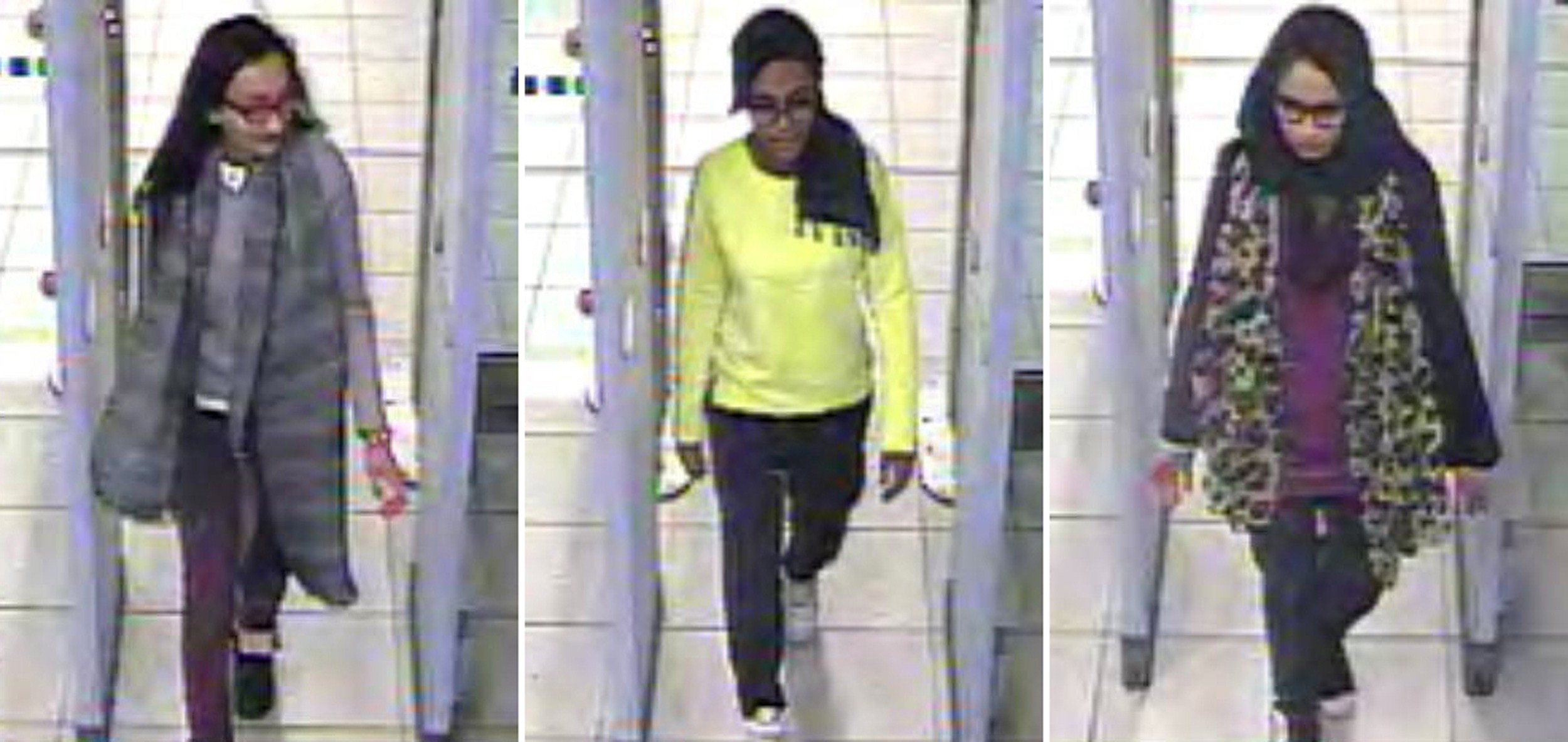A combination of handout CCTV pictures received from the Metropolitan Police Service on Feb. 23, 2015, shows British teenagers Kadiza Sultana, Amira Abase and Shamima Begum passing through security barriers at Gatwick Airport, London, on Feb. 17, 2015 (AFP/Getty Images)