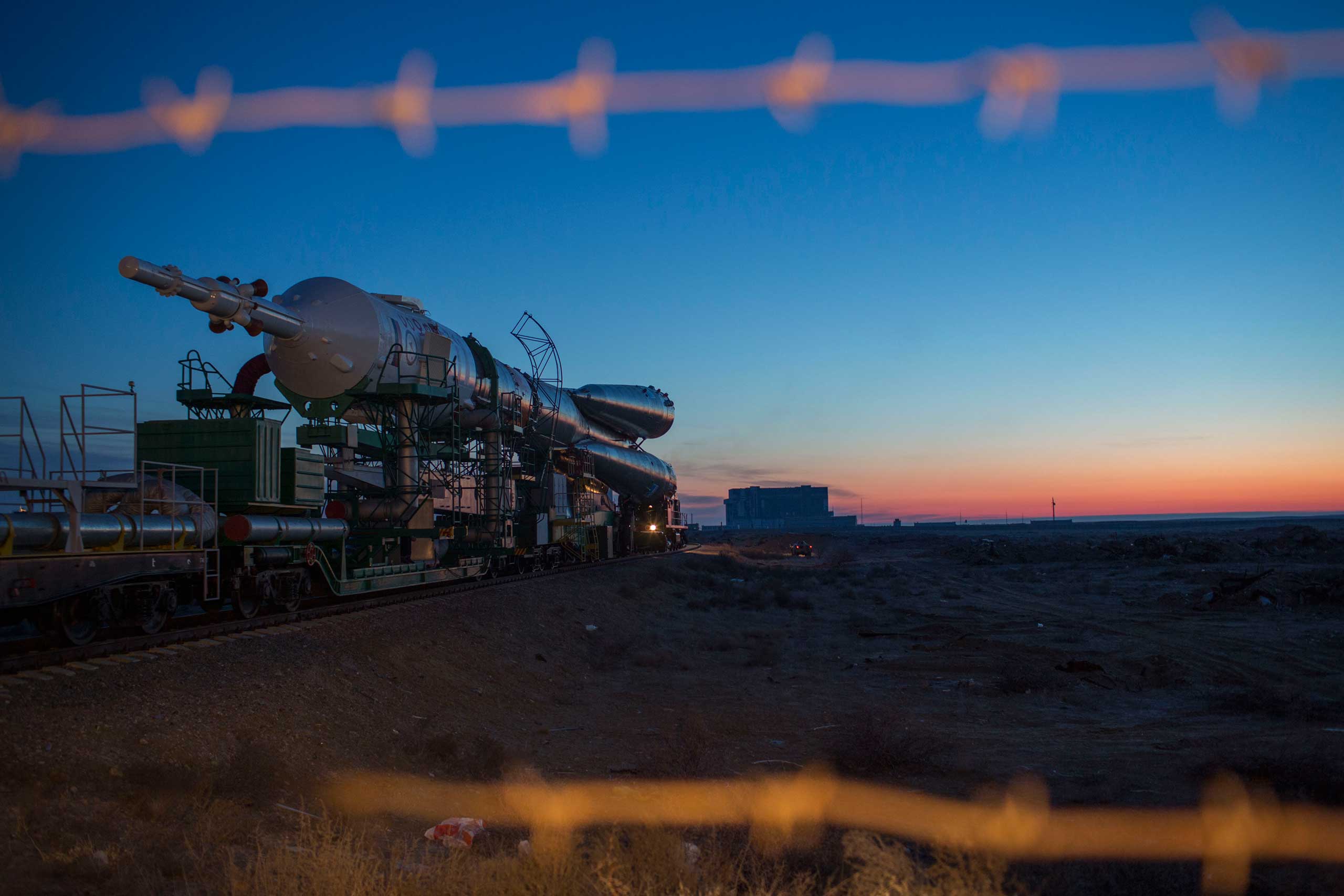 The Soyuz makes its slow crawl to Pad 1, also known as Yuri Gagarin's pad, at the Baikonur Cosmodrome in Kazakhstan on Wednesday, March 25. After the Soyuz is assembled, it is hauled by train to the site of the launch.