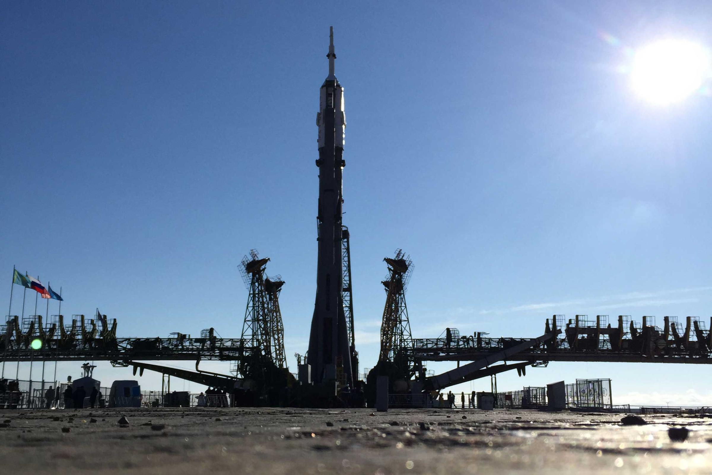 The Soyuz stands upright after being raised at the Baikonur Cosmodrome in Kazakhstan on Wednesday, March 25. The rocket will launch Friday, beginning a yearlong stay aboard the ISS by Scott Kelly and Mikhail Kornienko.