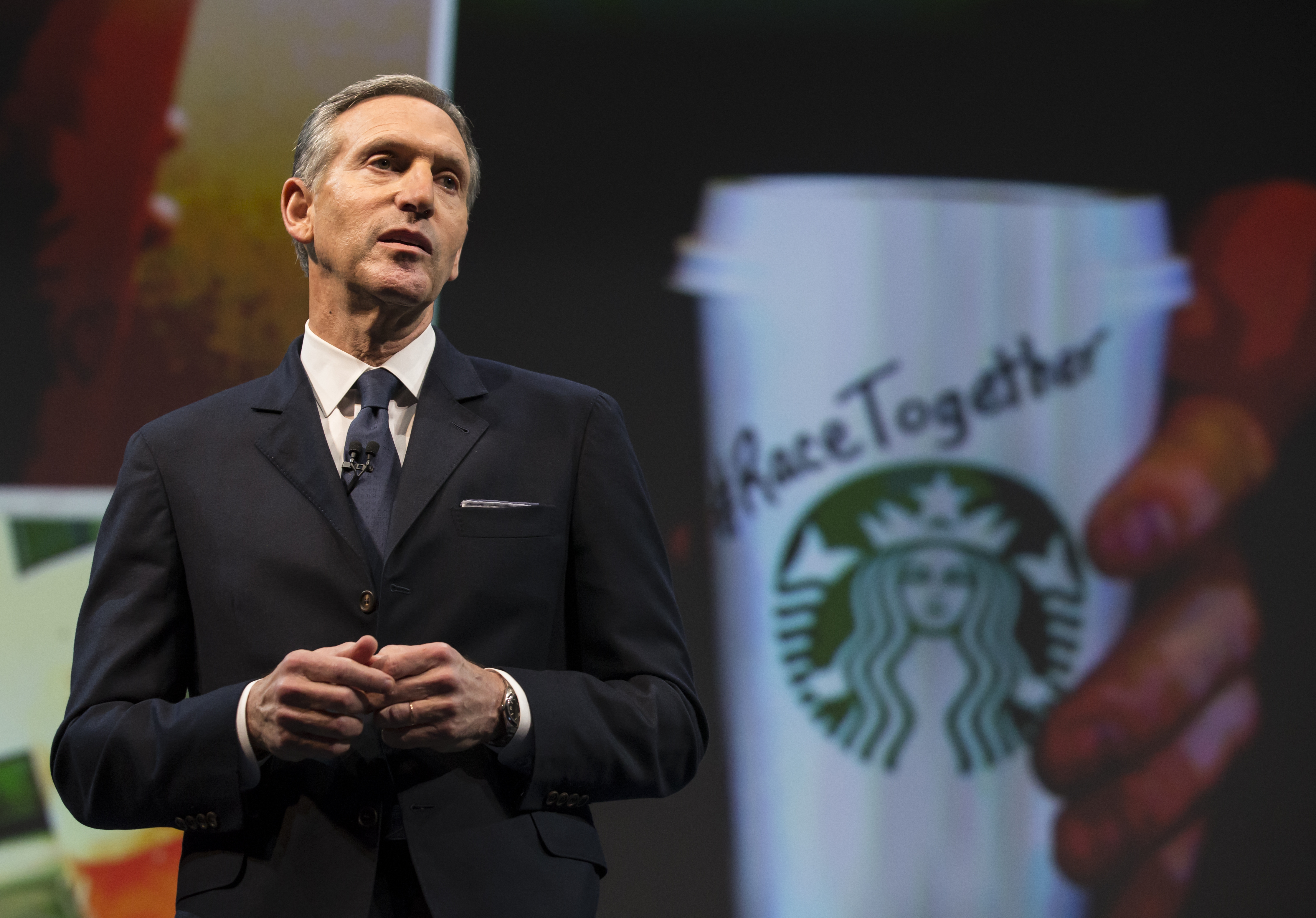 Starbucks Chairman and CEO Howard Schultz addresses the "Race Together Program" during the Starbucks annual shareholders meeting  on March 18, 2015 in Seattle, Wash. (Stephen Brashear&mdash;Getty Images)